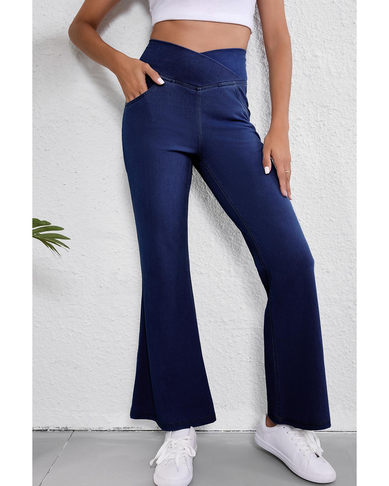 V539-AZEXDC7875066-P704-L-202508290035-00 Dusk Blue Solid Crossed Waist High Elastic Fit Flare Knit Jeans - L - Image 1