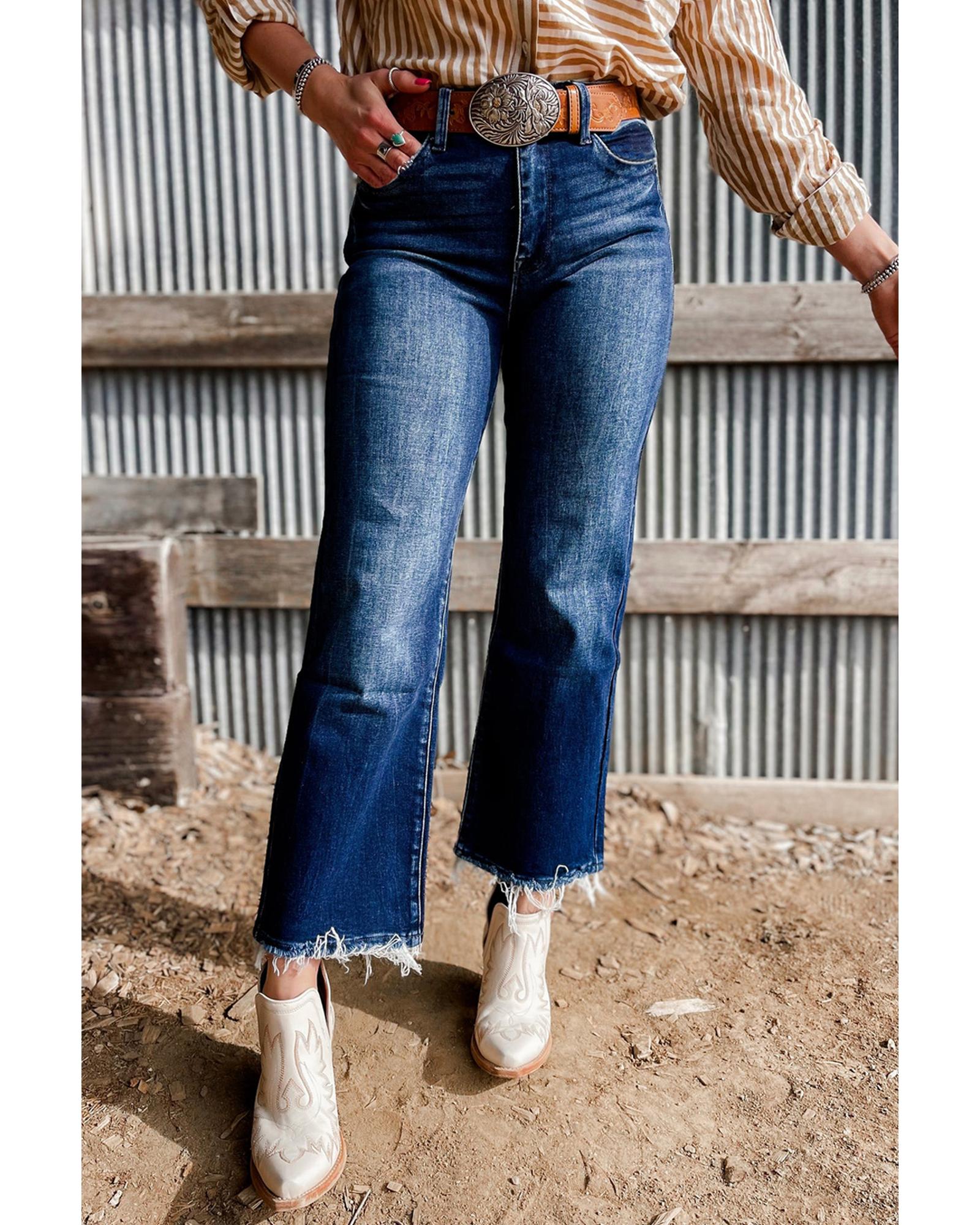 V539-AZEXDC7875084-P905-6-202508310045-00 Sail Blue Mineral Wash Raw Hem High Waist Flared Jeans - 6 US - Image 1