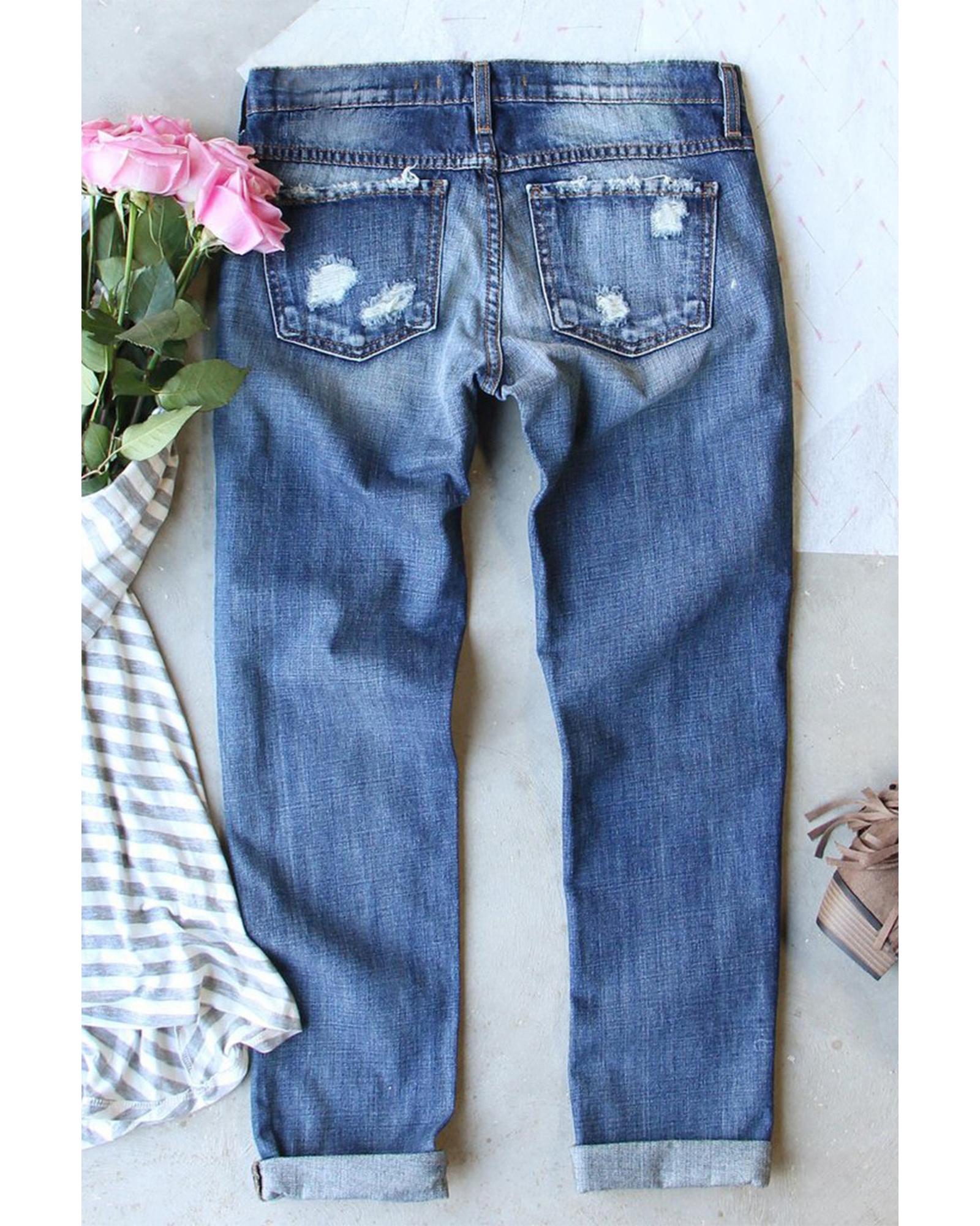 V539-AZEXDC7875171-4-8-202508302240-00 Sky Blue Sequin Rugby Football Patchwork Distressed Straight Leg Jeans - 8 US - Image 1