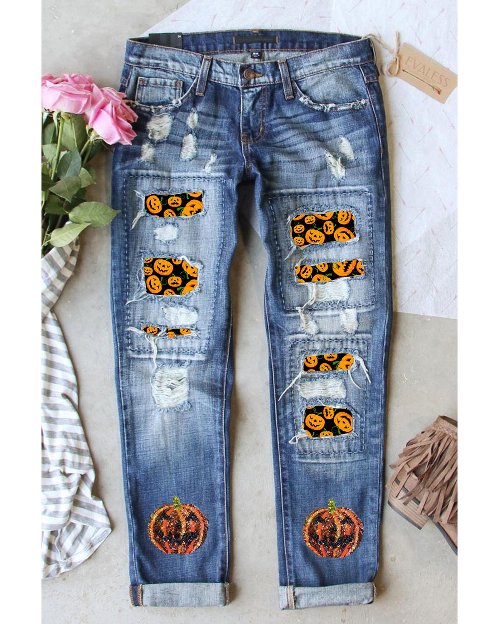 V539-AZEXDC7875172-4-18-202508302325-00 Sky Blue Halloween Pumpkin Patchwork Distressed Straight Leg Jeans - 18 US - Image 1