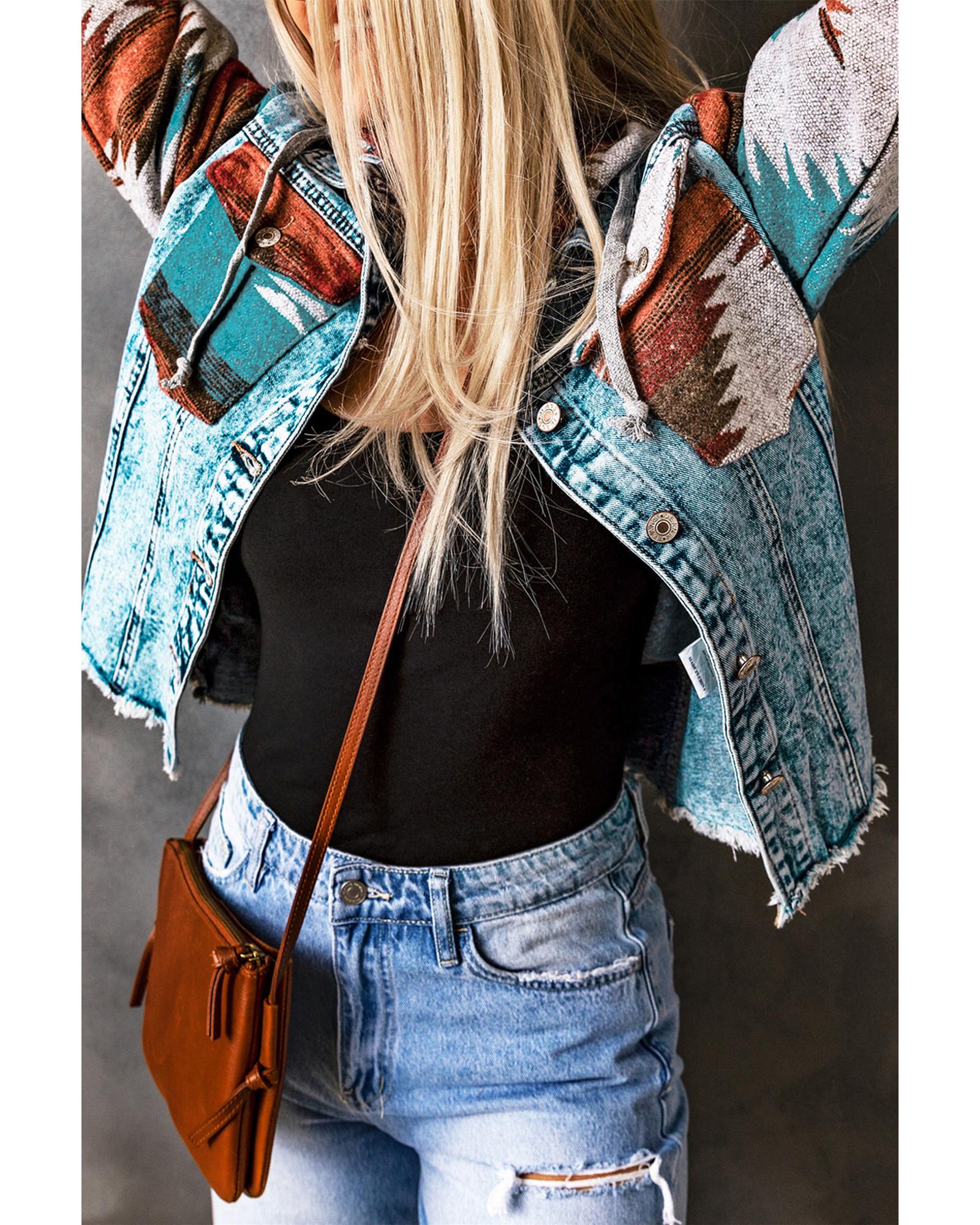 V539-AZEXDC788120-22-L-202508291555-00 Azura Exchange Multicolor Aztec Print Frayed Hem Denim Jacket - L - Image 1