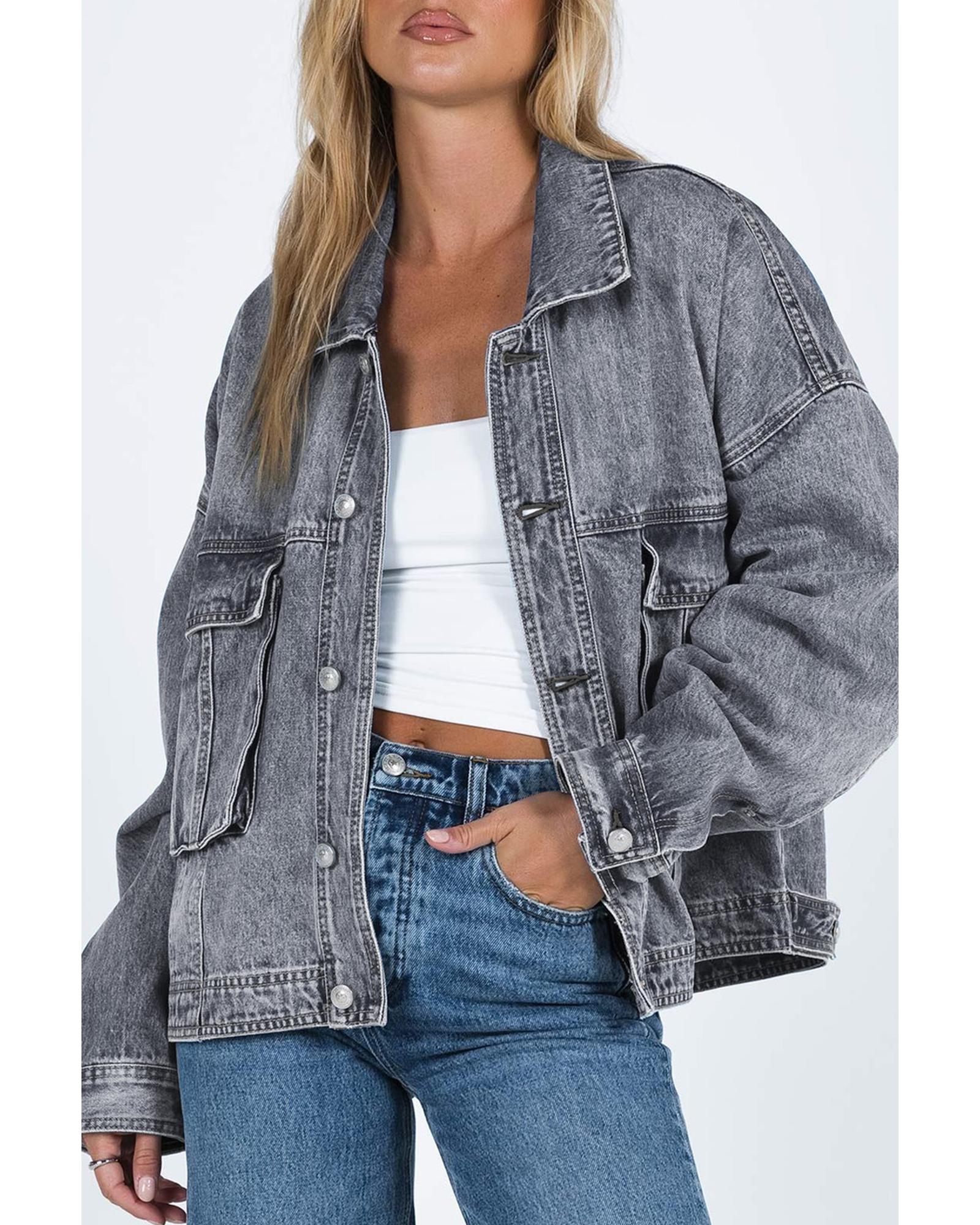 V539-AZEXDC788285-11-2XL-202508300315-00 Gray Chest Pockets Drop Shoulder Loose Denim Jacket - 2XL - Image 1