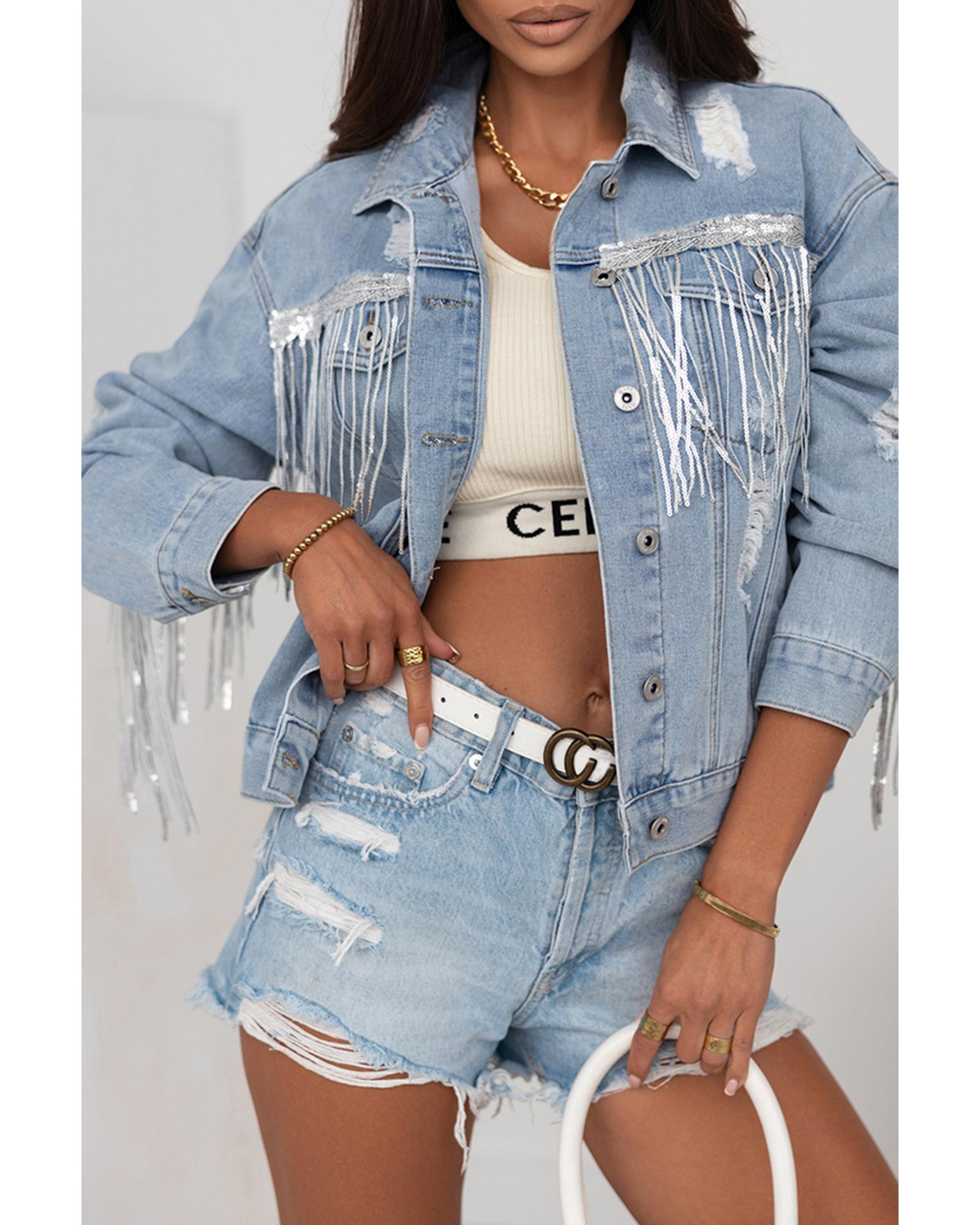 Sky Blue Sequin Embellished Fringe Distressed Denim Jacket - XL