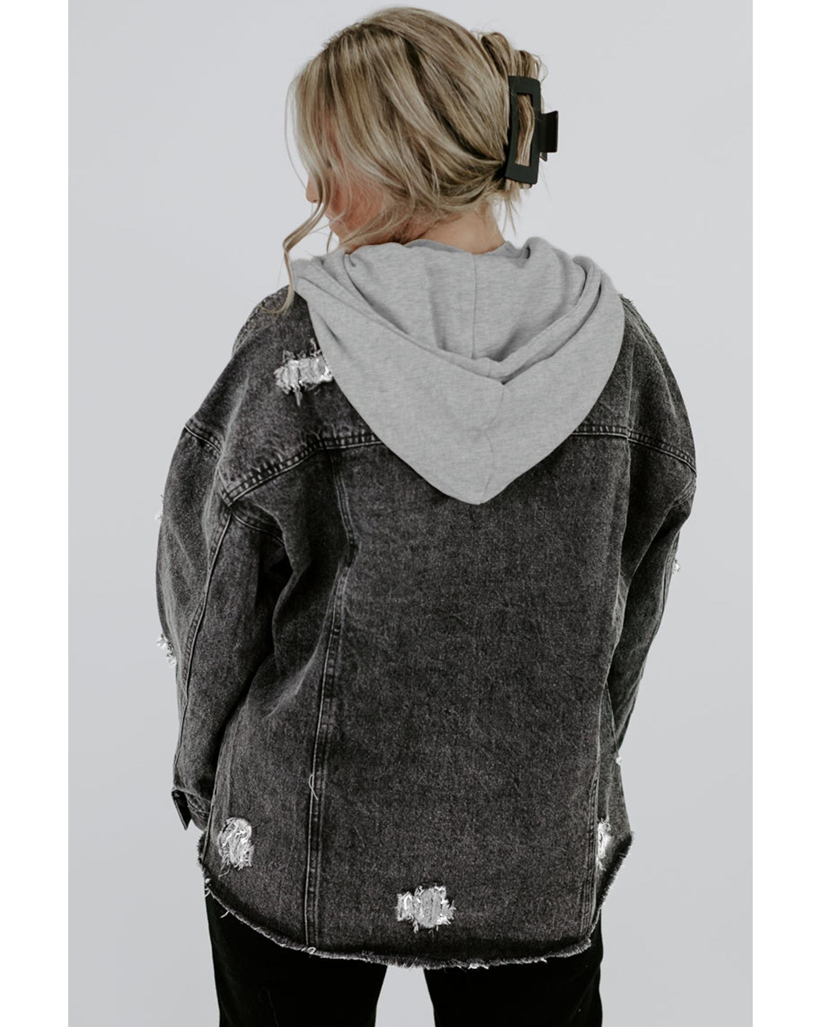 Black Drawstring Hooded Frayed Denim Jacket - XL