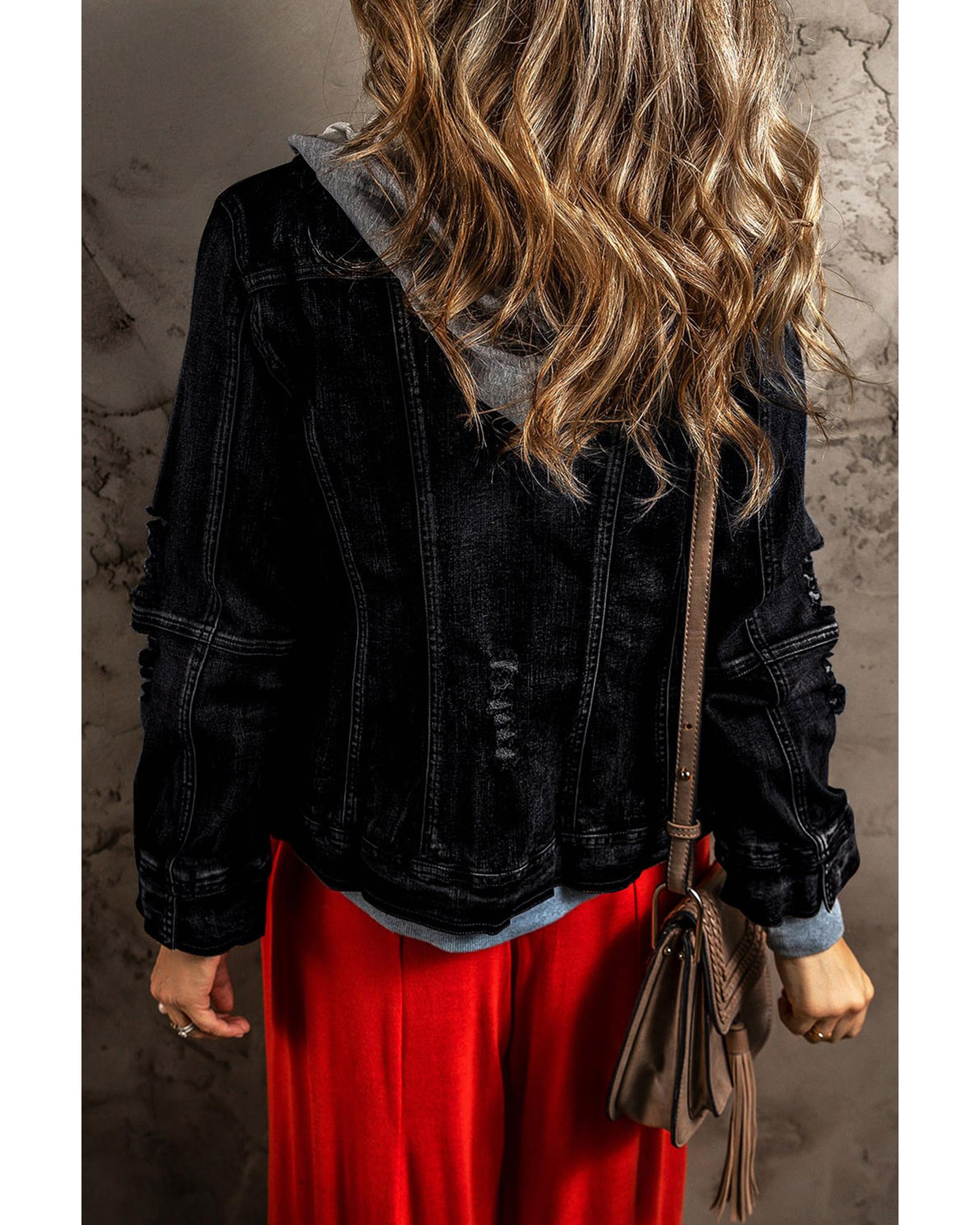 Black Fake Two-Piece Hooded Zip-Up Denim Jacket - S