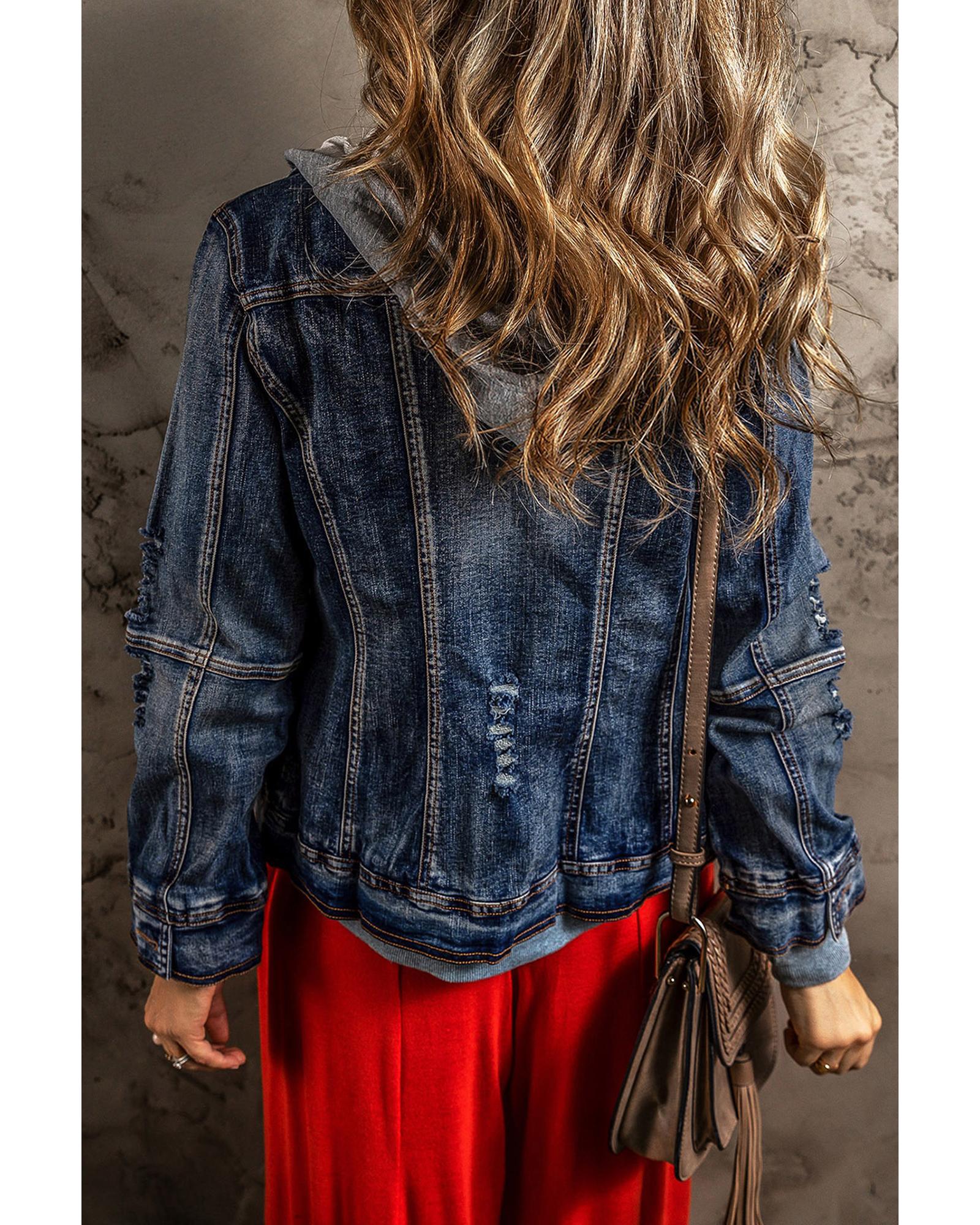 V539-AZEXDC788437-P5-S-202508282200-00 Dark Blue Fake Two-Piece Hooded Zip-Up Denim Jacket - S - Image 1