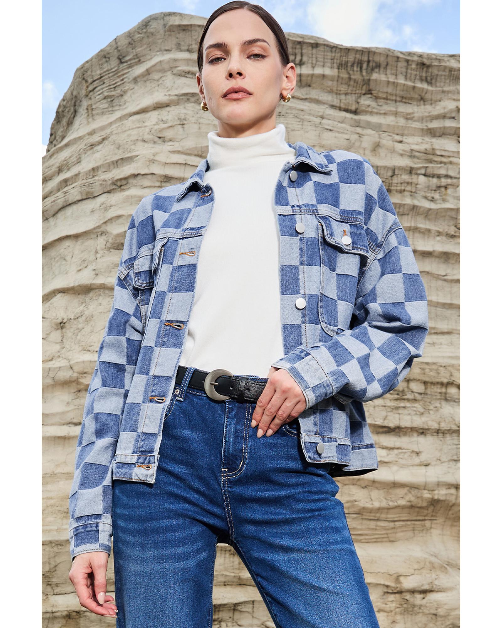 V539-AZEXDC788573-P4-S-202506151220-00 Light Blue Checkered Patchwork Button up Denim Jacket - S - Image 1