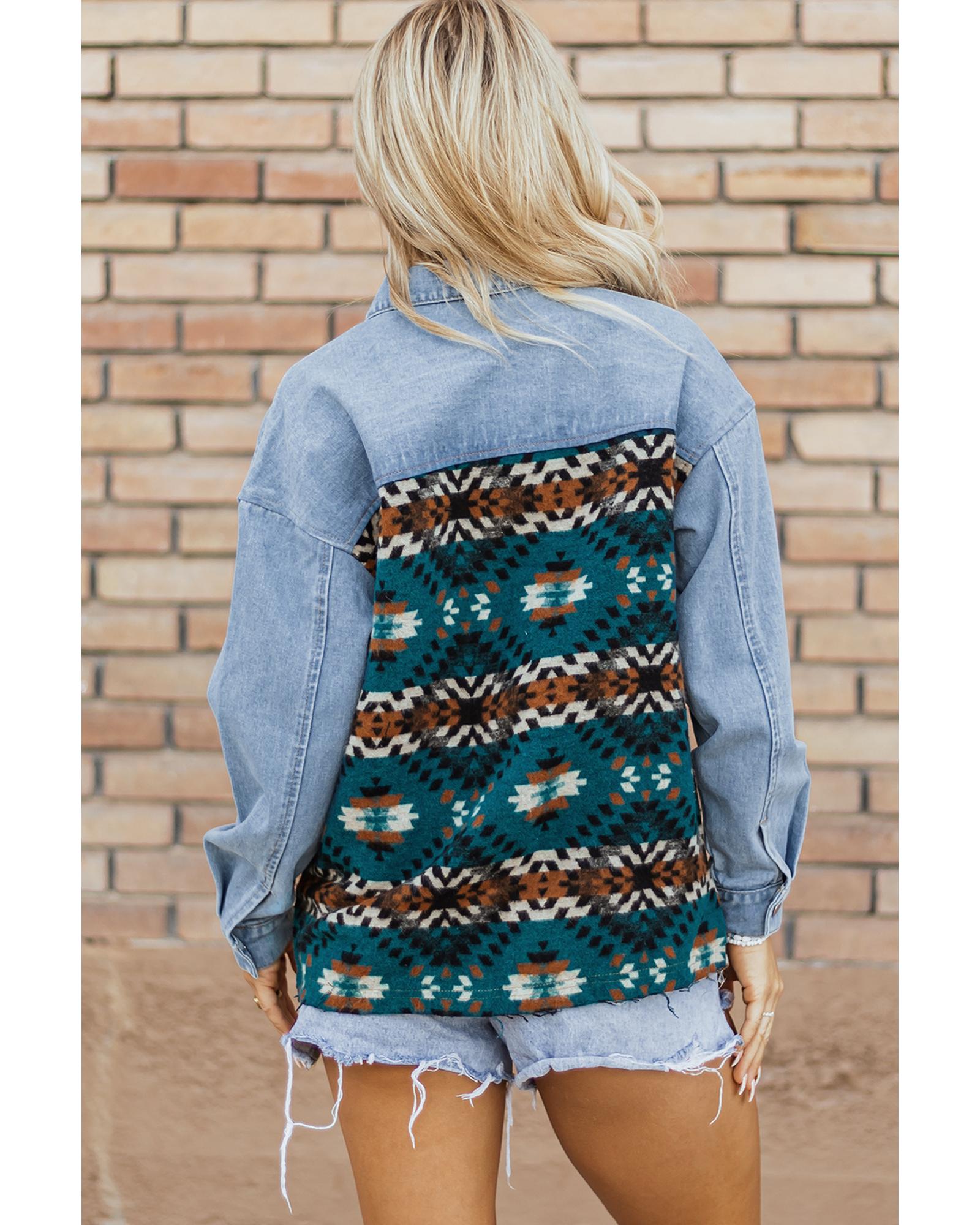 V539-AZEXDC788577-P520-L-202508300550-00 Blue Aztec Printed Denim Jacket - L - Image 1