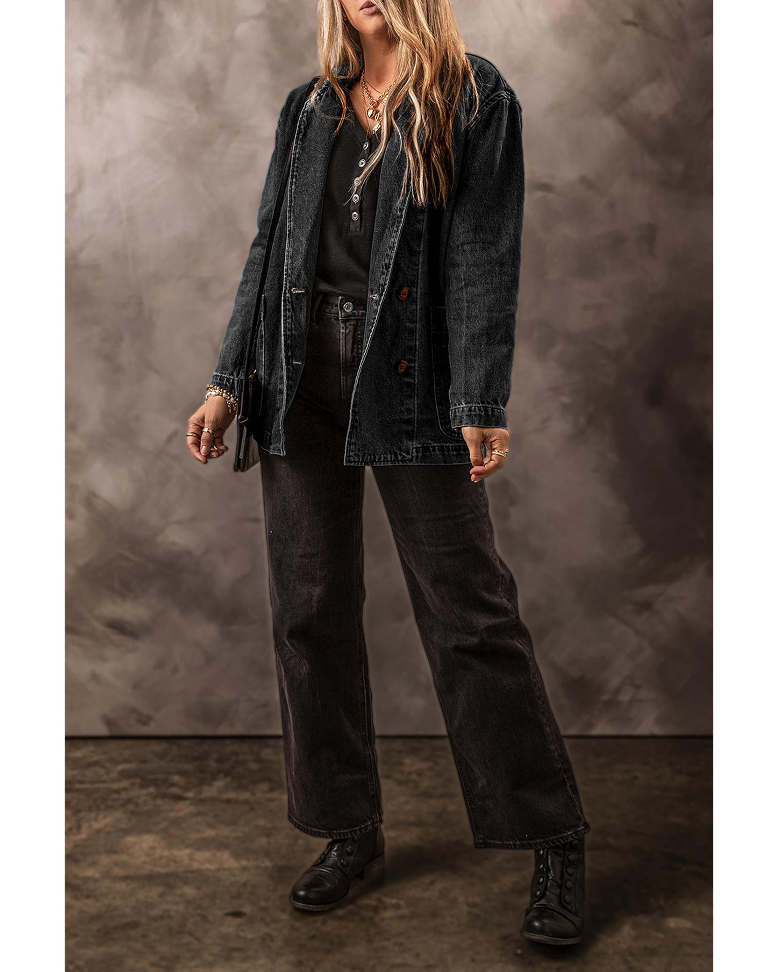 V539-AZEXDC788578-P2-S-202508282125-00 Black Side Pockets Lapel Collar Denim Jacket - S - Image 1