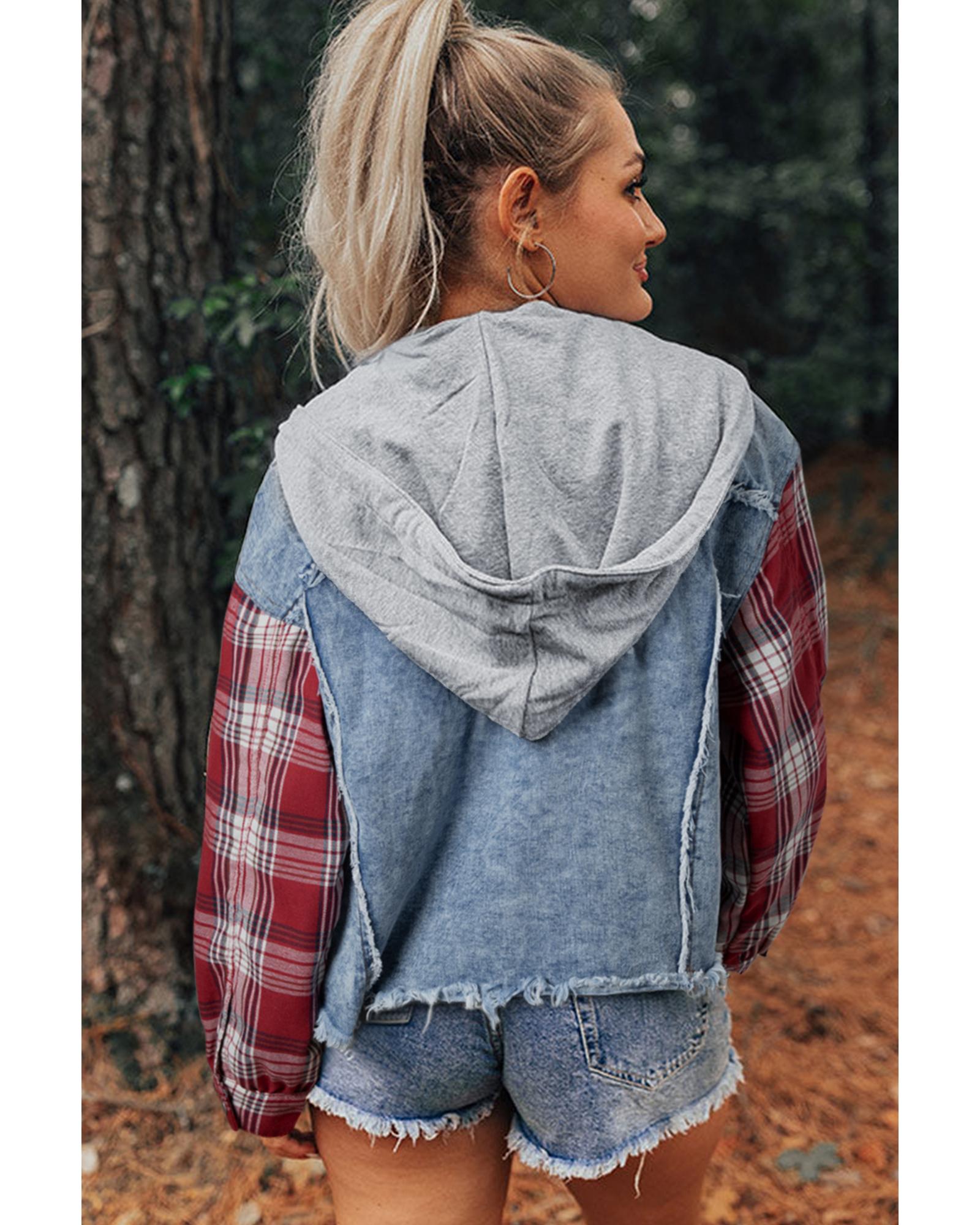 V539-AZEXDC788584-P804-M-202508281025-00 Beau Blue Plaid Print Patchwork Hooded Raw Hem Denim Jacket - M - Image 1