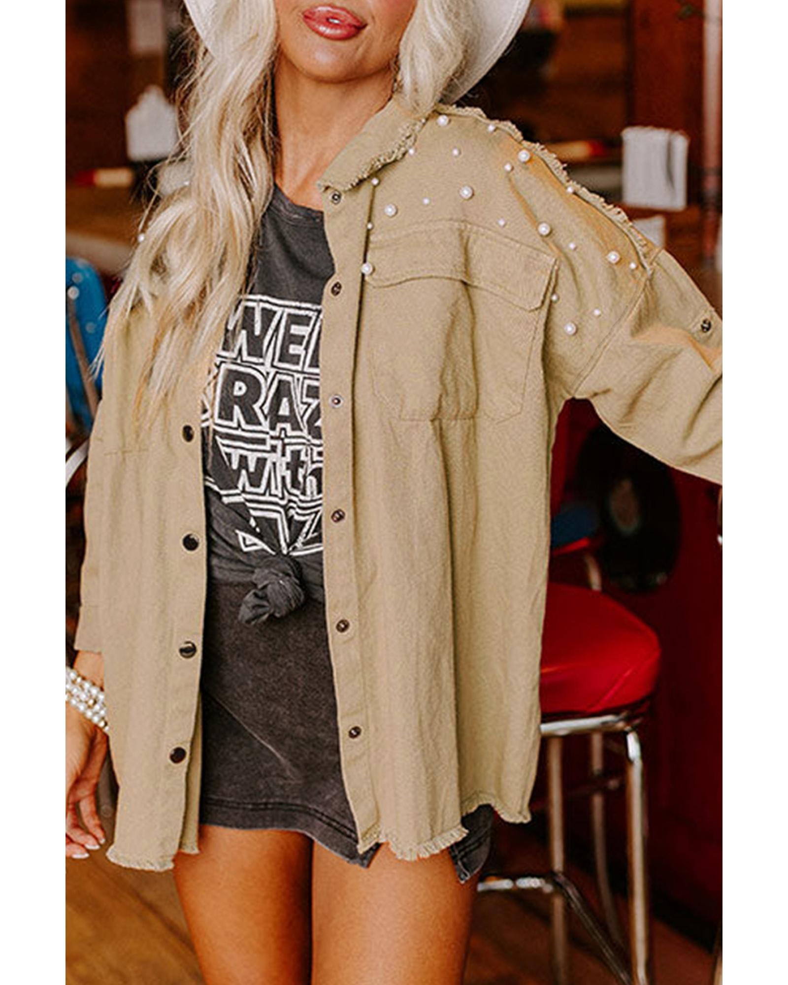 V539-AZEXDC788598-P909-M-202508280900-00 Khaki Pearl Beaded Raw Hem Button Up Denim Jacket - M - Image 1