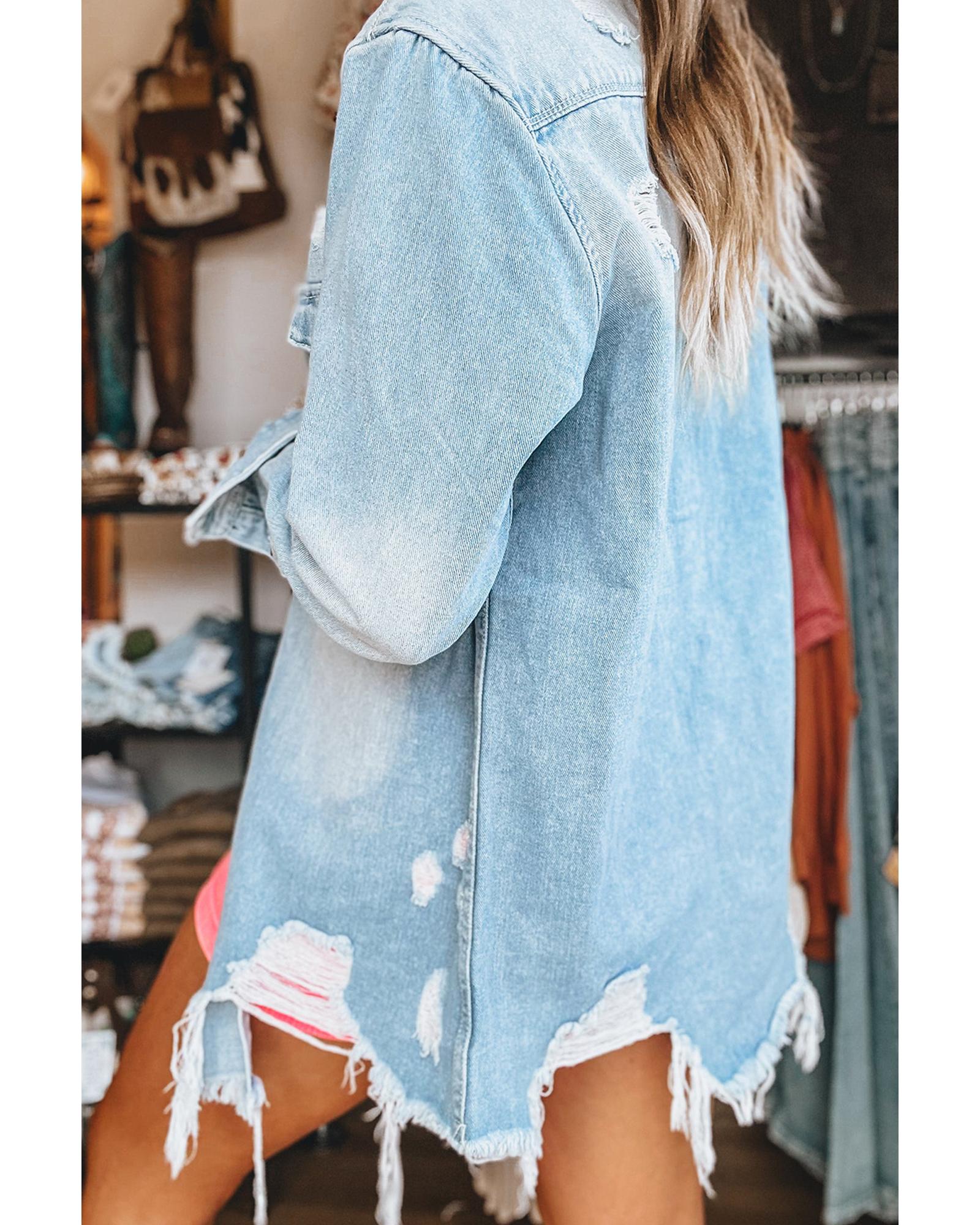 V539-AZEXDC788599-P804-S-202506151242-00 Beau Blue Mineral Wash Distressed Frayed Long Denim Jacket - S - Image 1