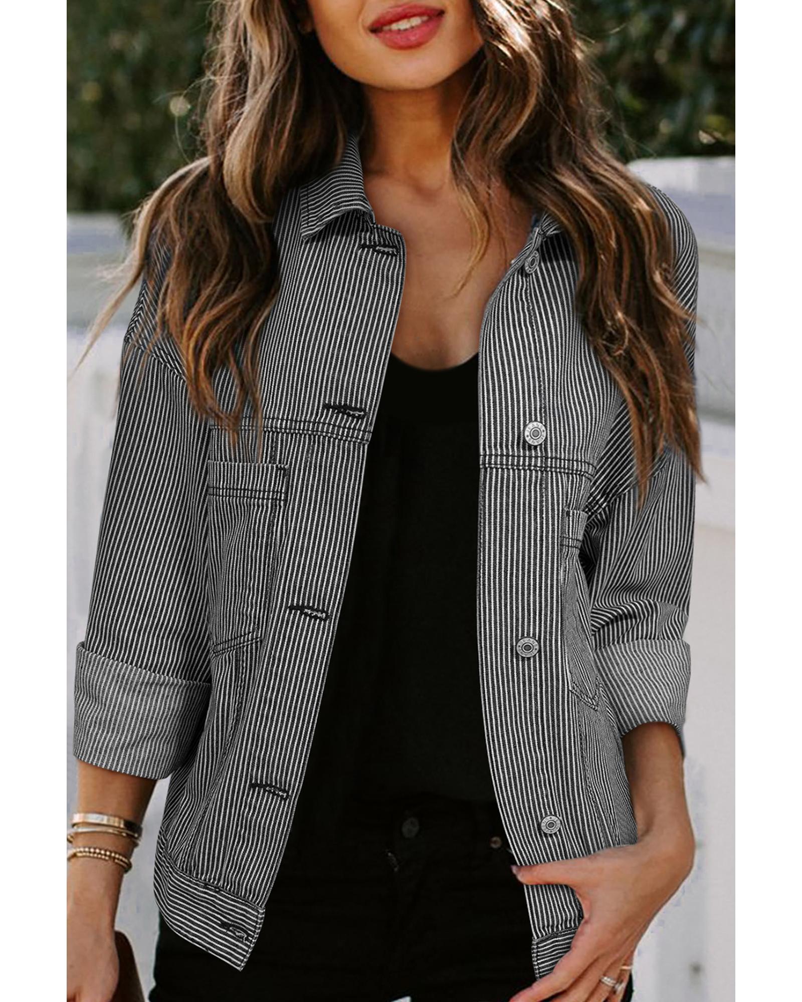 V539-AZEXDC788608-P519-XL-202508301735-00 Blue Stripe Washed Oversize Pocketed Denim Jacket - XL - Image 1