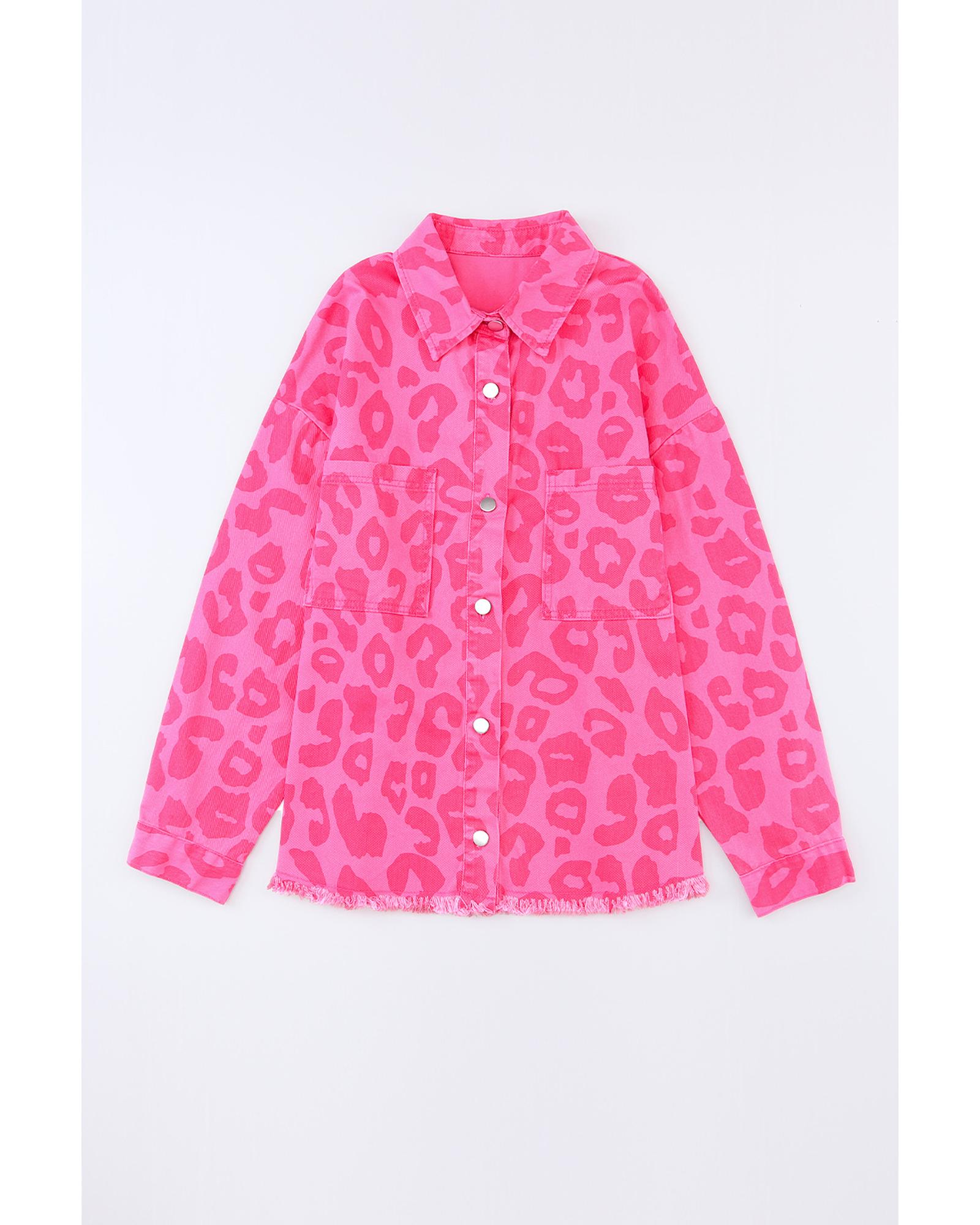 V539-AZEXDC8512740-10-L-202508280335-00 Pink Leopard Print Button Cuffs Raw Hem Jacket - L - Image 1