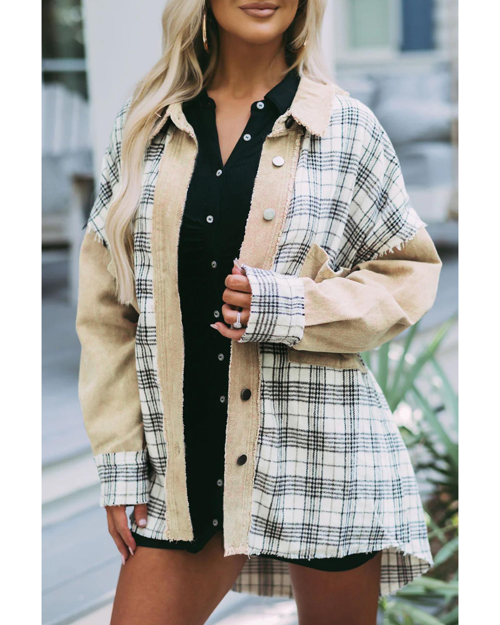 V539-AZEXDC8512742-16-XL-202508290125-00 Khaki Distressed Raw Edge Plaid Patchwork Denim Jacket - XL - Image 1
