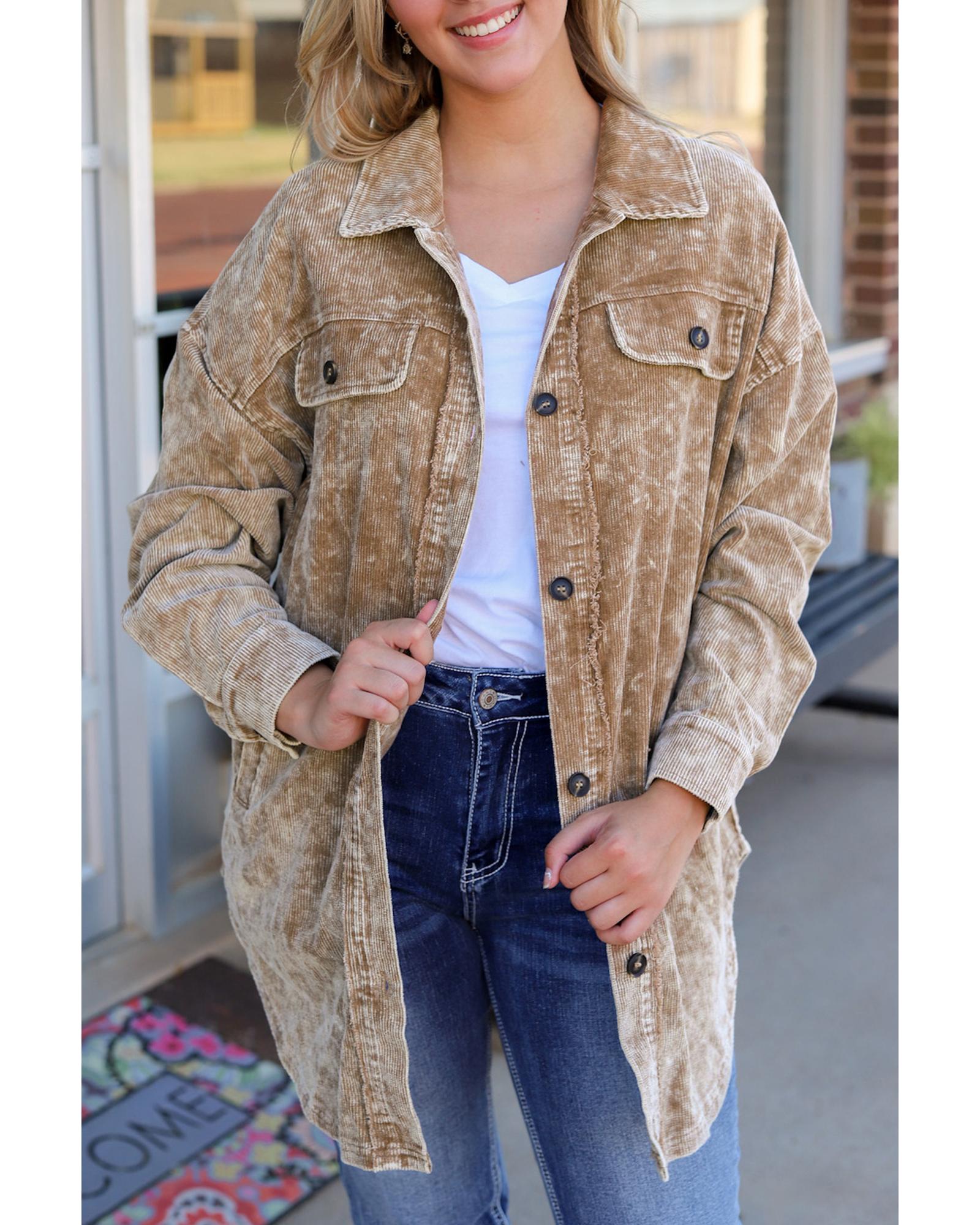 V539-AZEXDC8512871-16-M-202508301450-00 Khaki Vintage Distressed Mineral Wash Oversized Shacket - M - Image 1