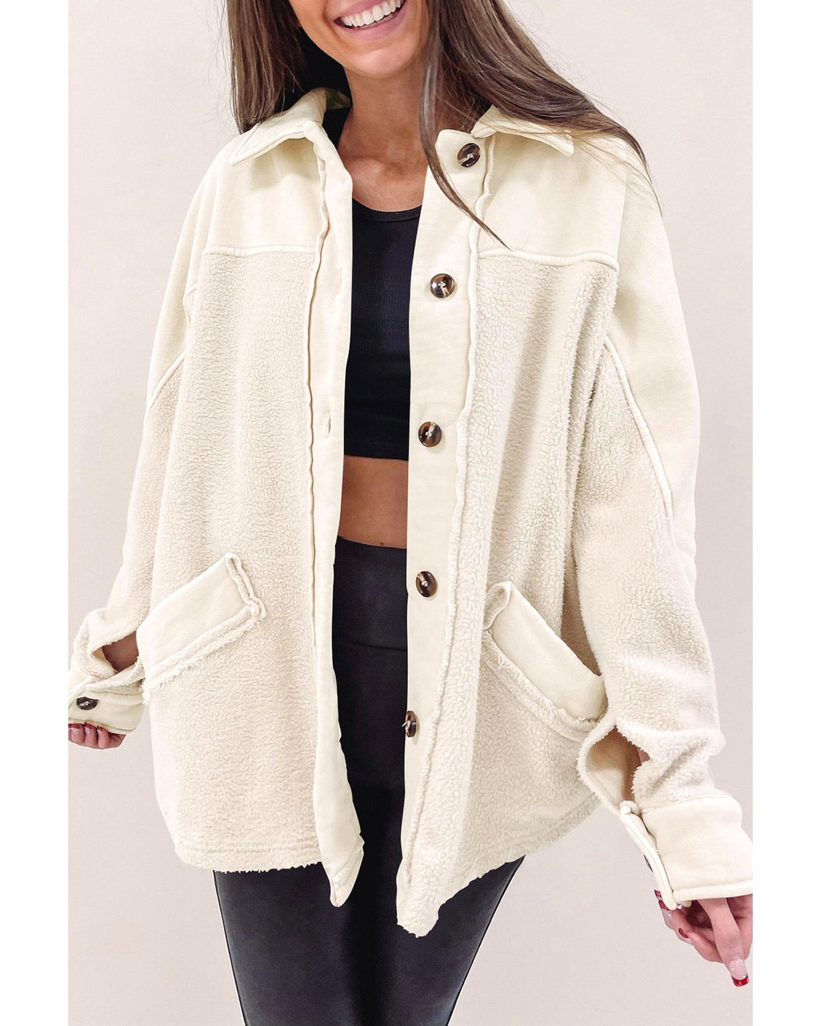 V539-AZEXDC8512940-15-S-202508300920-00 Beige Button-Up Stitching Pocket Raw Hem Shacket - S - Image 1