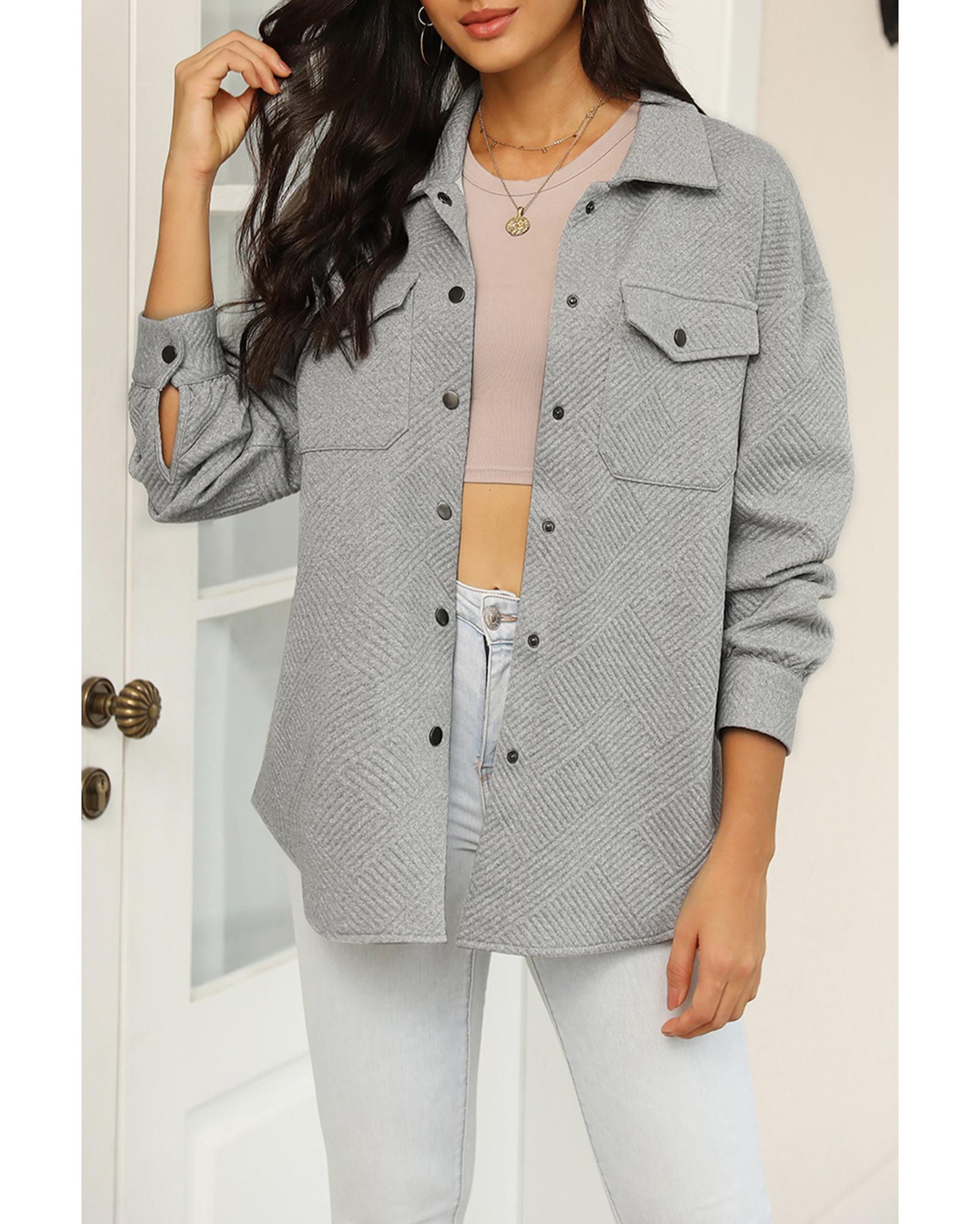 V539-AZEXDC8512943-11-2XL-202508301130-00 Gray Solid Textured Flap Pocket Buttoned Shacket - 2XL - Image 1