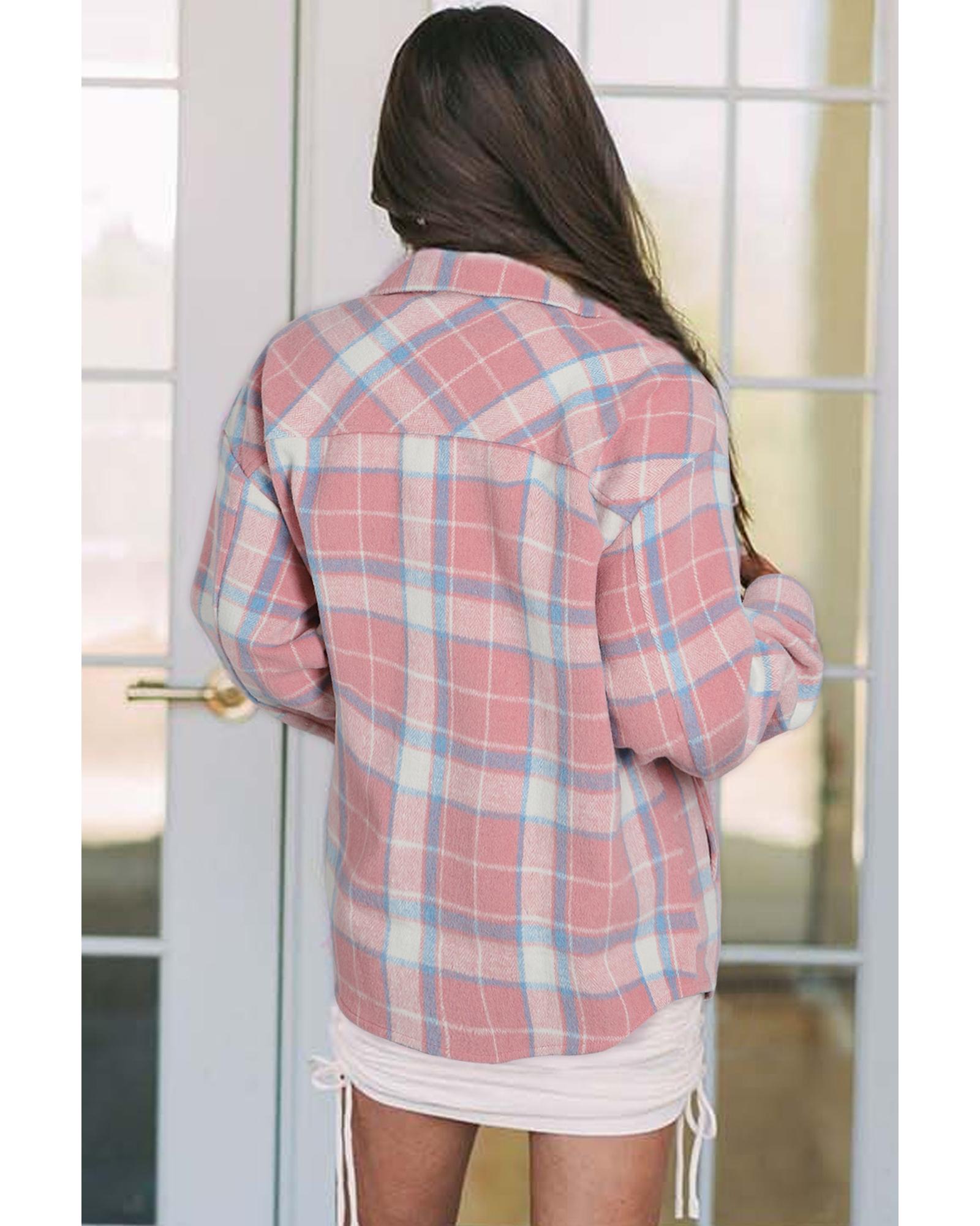 V539-AZEXDC8512998-10-XL-202508301840-00 Pink Plaid Flap Pocket Flannel Shacket - XL - Image 1