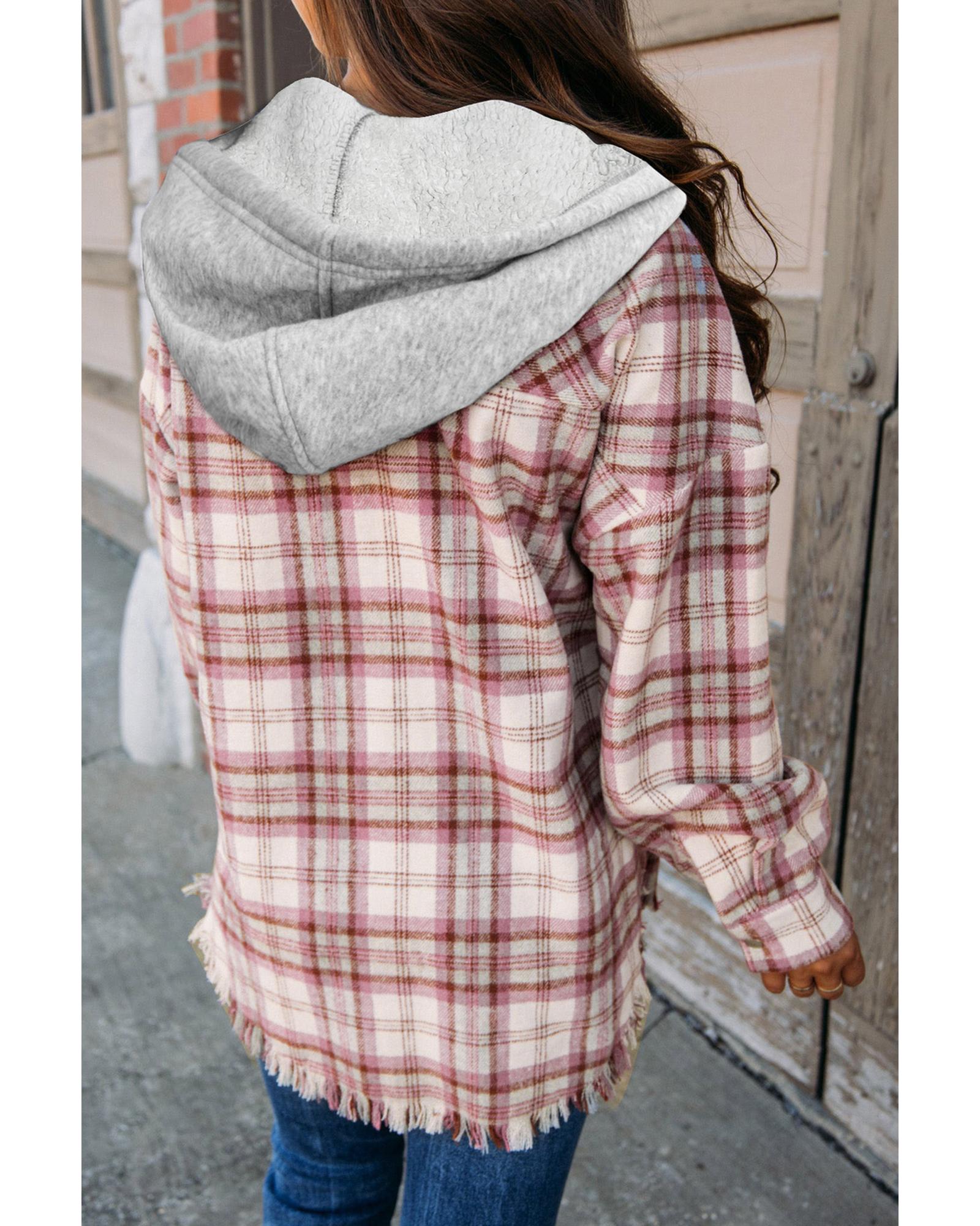 V539-AZEXDC8513166-P1022-L-202506151647-00 Multicolour Plaid Flap Pocket Hooded Raw Hem Jacket - L - Image 1