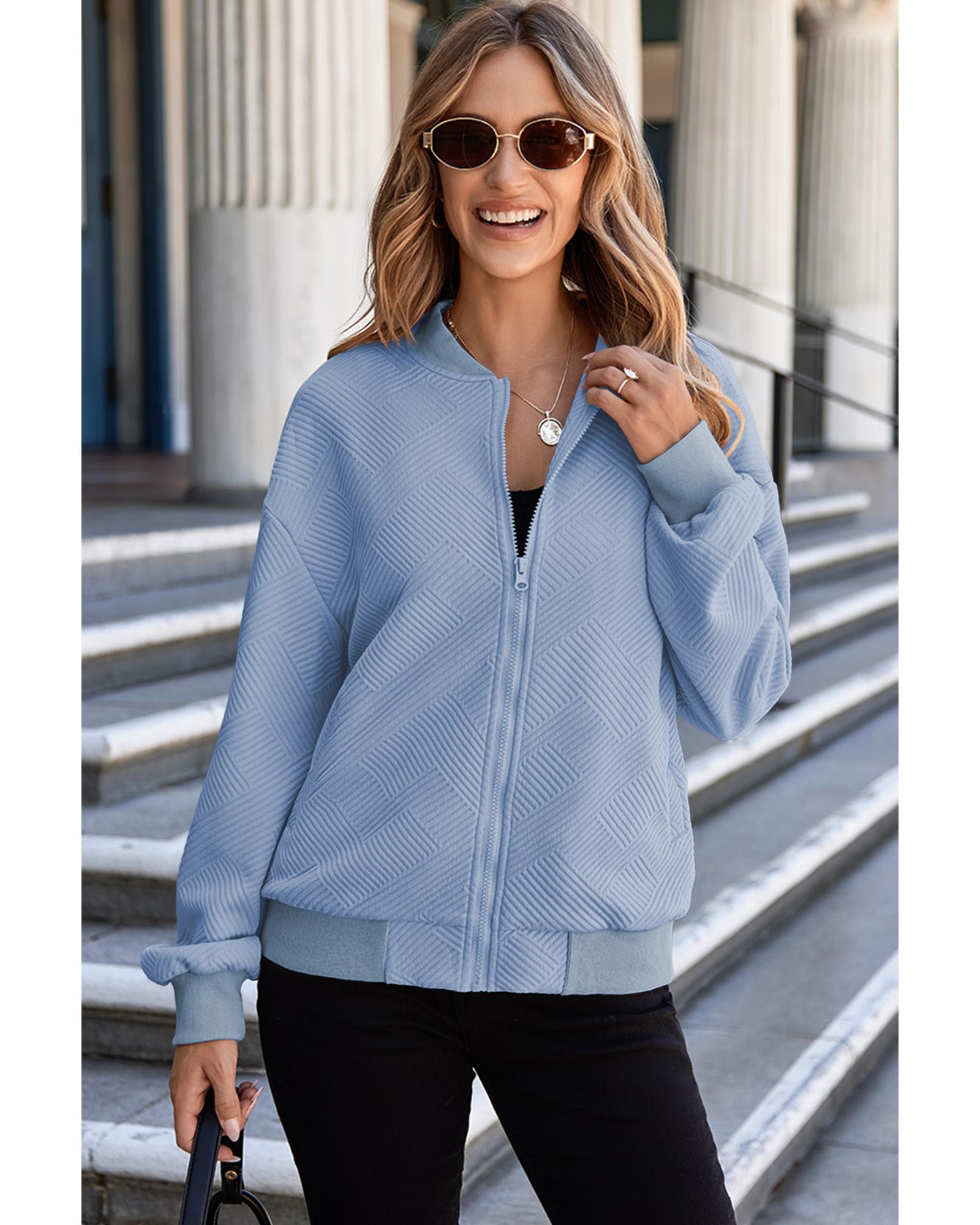 V539-AZEXDC8513291-P1204-S-202506151347-00 Myosotis Solid Textured Stand Neck Zipper Bomber Jacket - S - Image 1