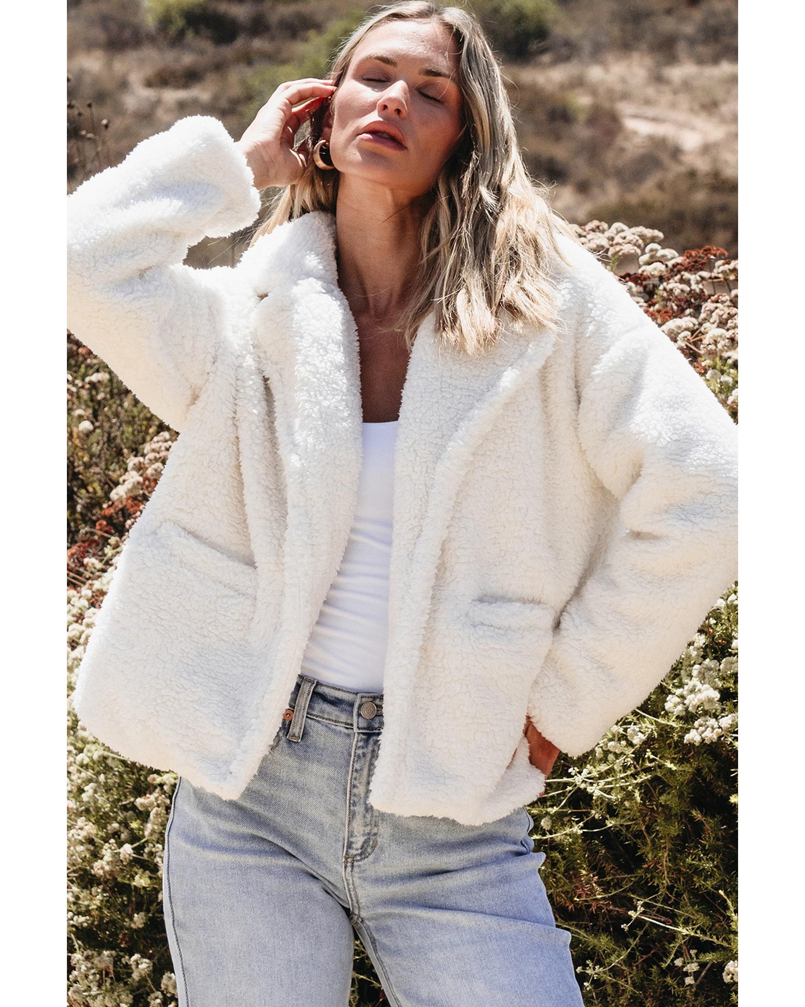 V539-AZEXDC8513299-P15-S-202506151401-00 Beige Faux Fur Button Pocketed Lapel Collar Jacket - S - Image 1