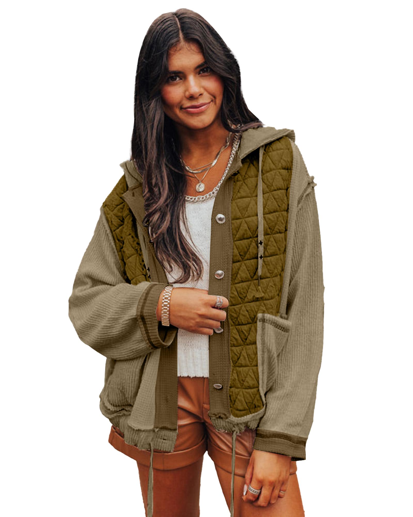 V539-AZEXDC8513305-P609-S-202506151420-00 Jungle Green Quilted Textured Patchwork Loose Fit Hooded Jacket - S - Image 1