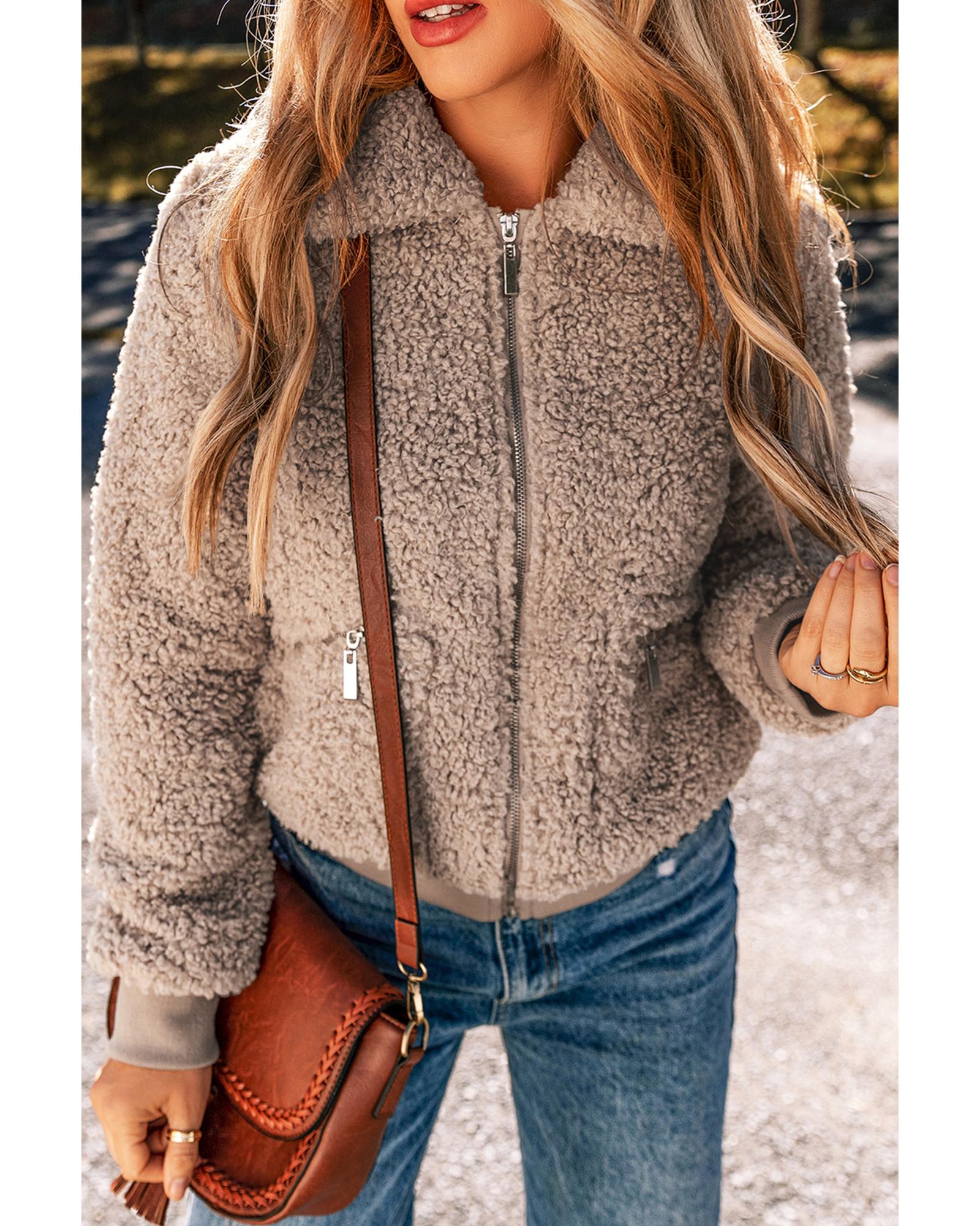 V539-AZEXDC8513318-P4016-L-202508301420-00 Light French Beige Zipper Pocketed Winter Fuzzy Jacket - L - Image 1