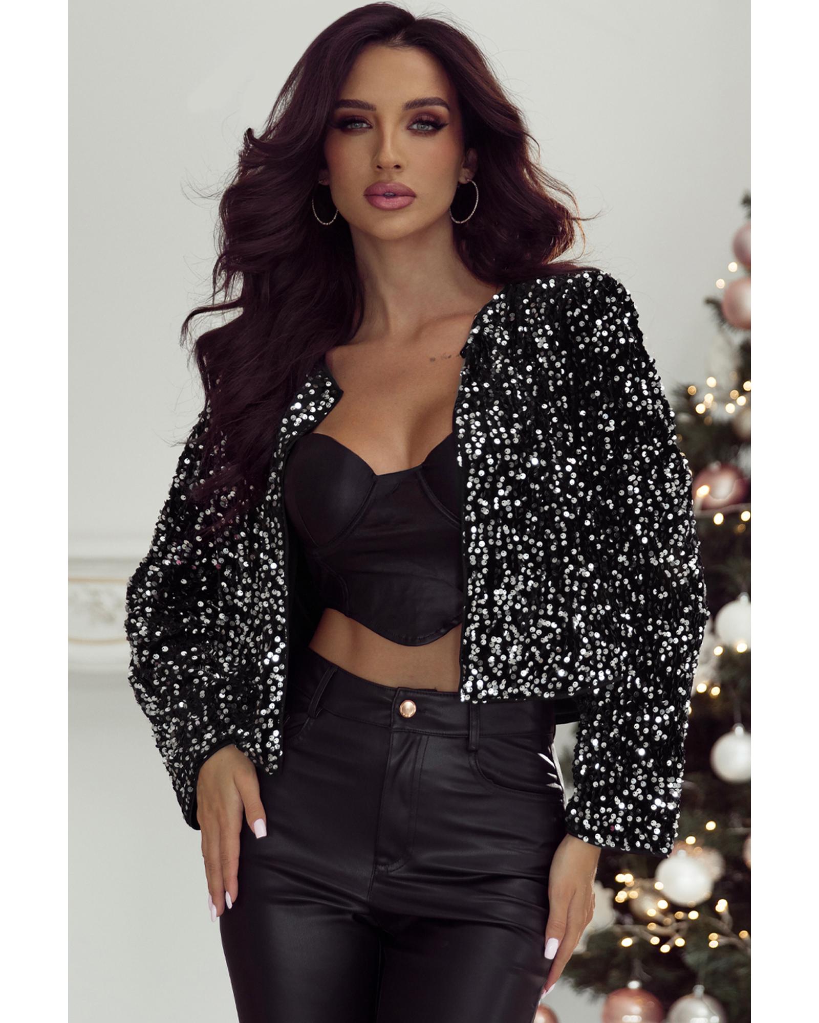 V539-AZEXDC8513325-P2-S-202506151440-00 Black Sequined Open Front Cropped Jacket - S - Image 1
