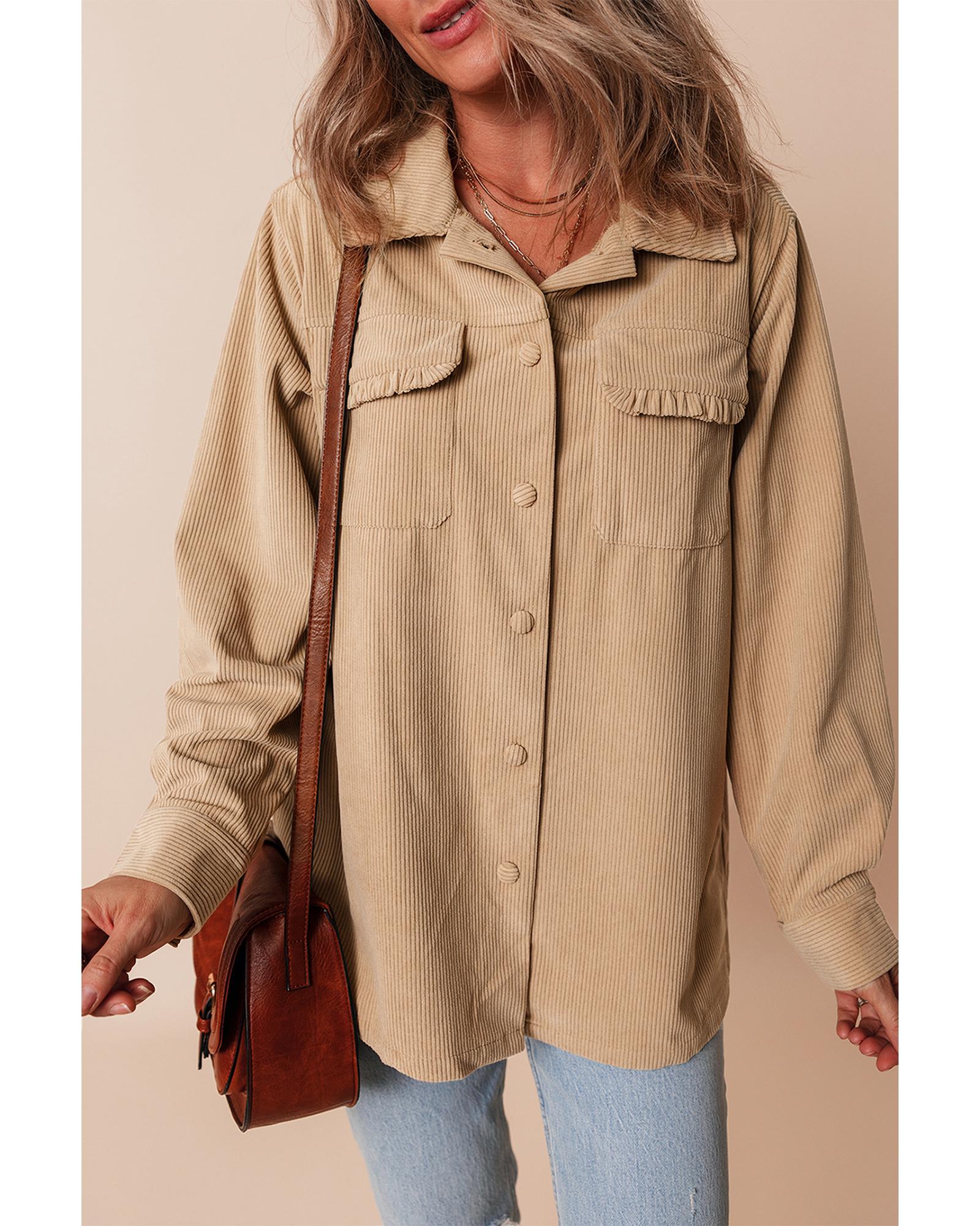 V539-AZEXDC8513326-P4016-M-202508291340-00 Light French Beige Solid Frilled Flap Pocket Button Up Corduroy Shacket - M - Image 1