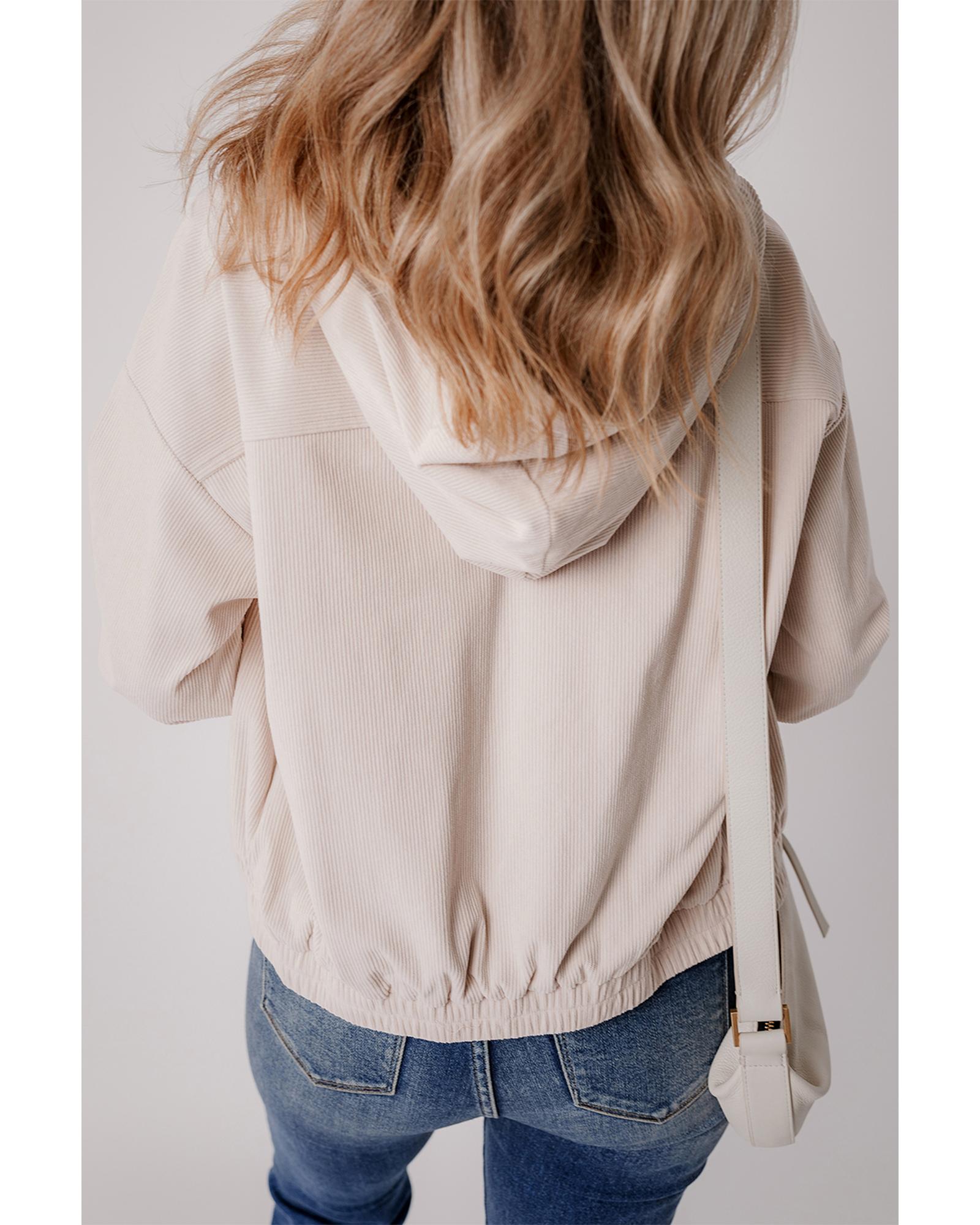 V539-AZEXDC8513332-P101-M-202508281500-00 White Corduroy Drawstring Hooded Pocket Zip Up Jacket - M - Image 1