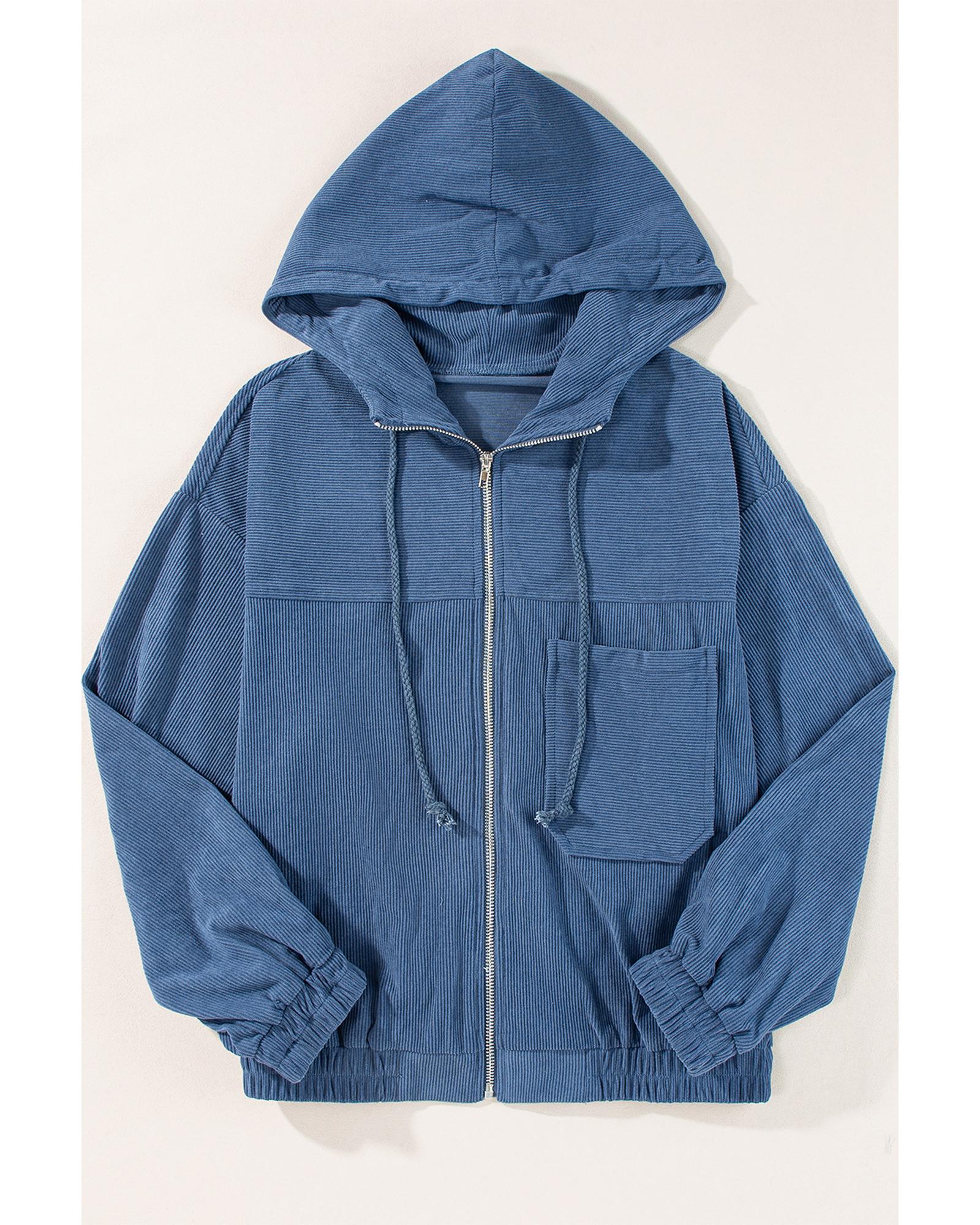 V539-AZEXDC8513332-P705-M-202508291300-00 Real Teal Corduroy Drawstring Hooded Pocket Zip Up Jacket - M - Image 1