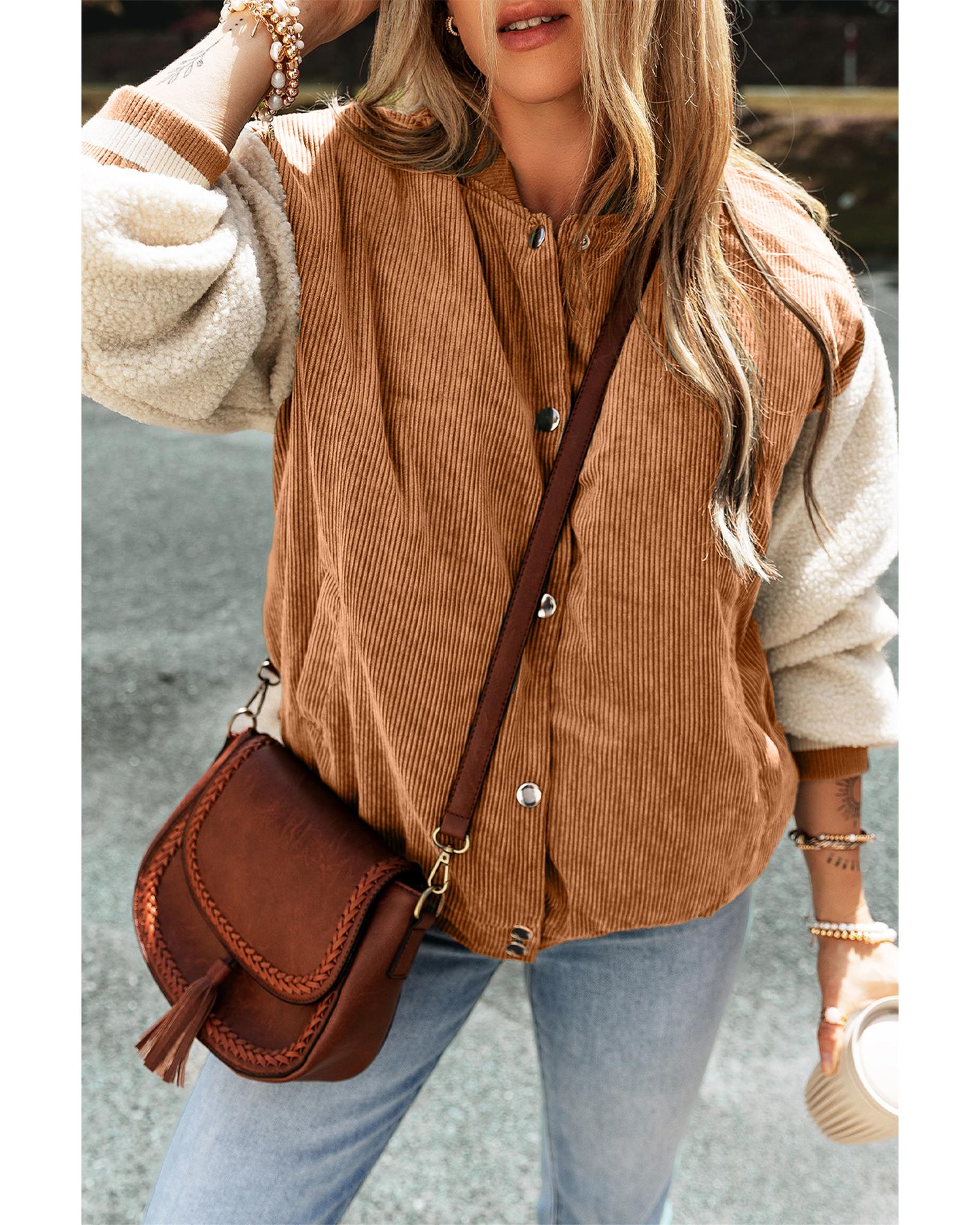 V539-AZEXDC8513339-P507-S-202506151516-00 Buckskin Corduroy Fleece Patchwork Buttoned Bomber Jacket - S - Image 1