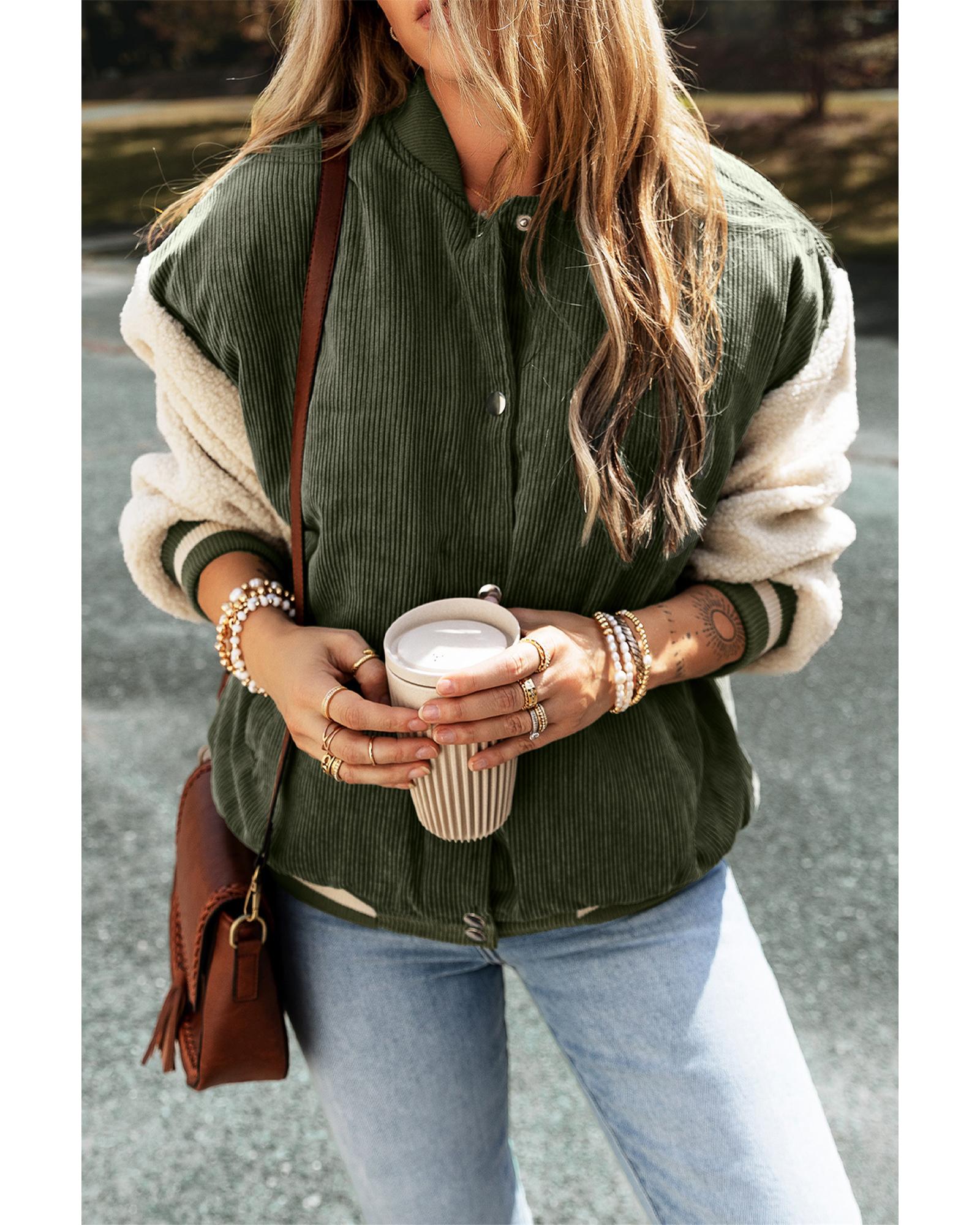 V539-AZEXDC8513339-P509-S-202506151517-00 Mist Green Corduroy Fleece Patchwork Buttoned Bomber Jacket - S - Image 1