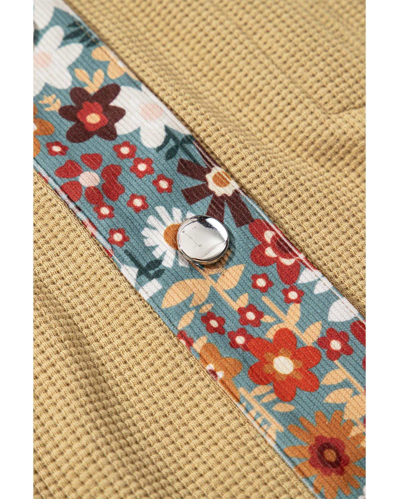 V539-AZEXDC8513349-P15-L-202508280245-00 Khaki Waffle Knit Floral Print Patchwork Button up Jacket - L - Image 1