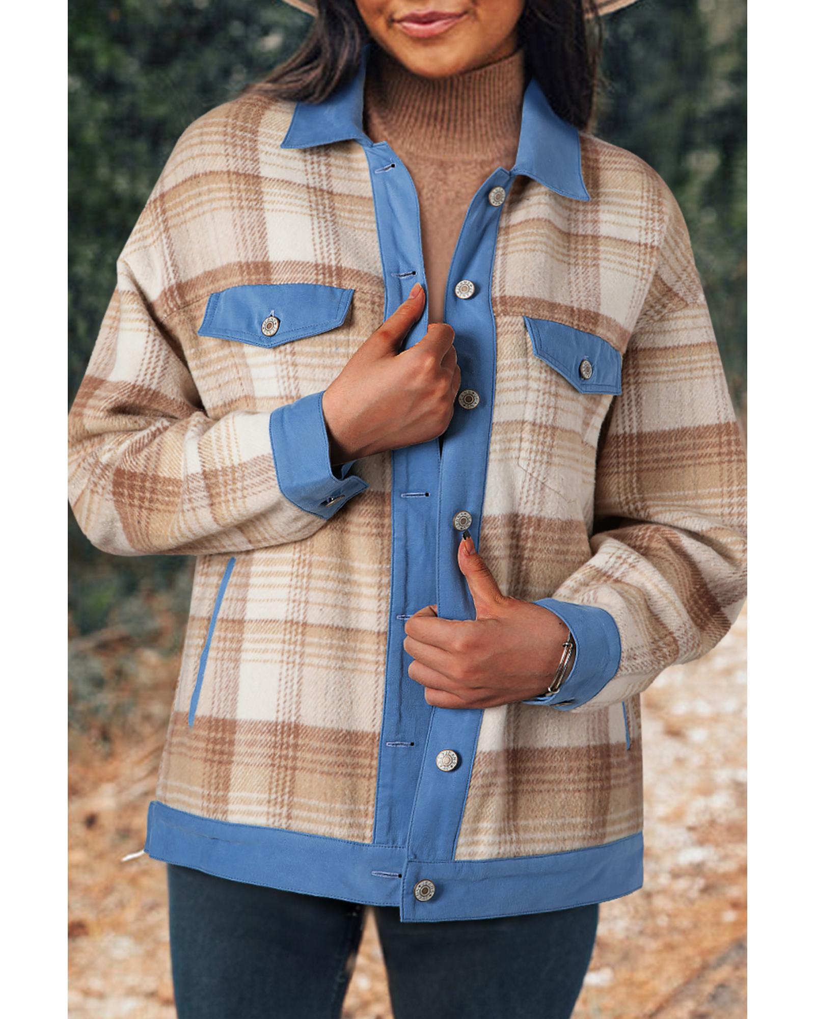 V539-AZEXDC8513387-P4016-L-202508282220-00 Light French Beige Plaid Patchwork Flap Detail Button Up Shacket - L - Image 1