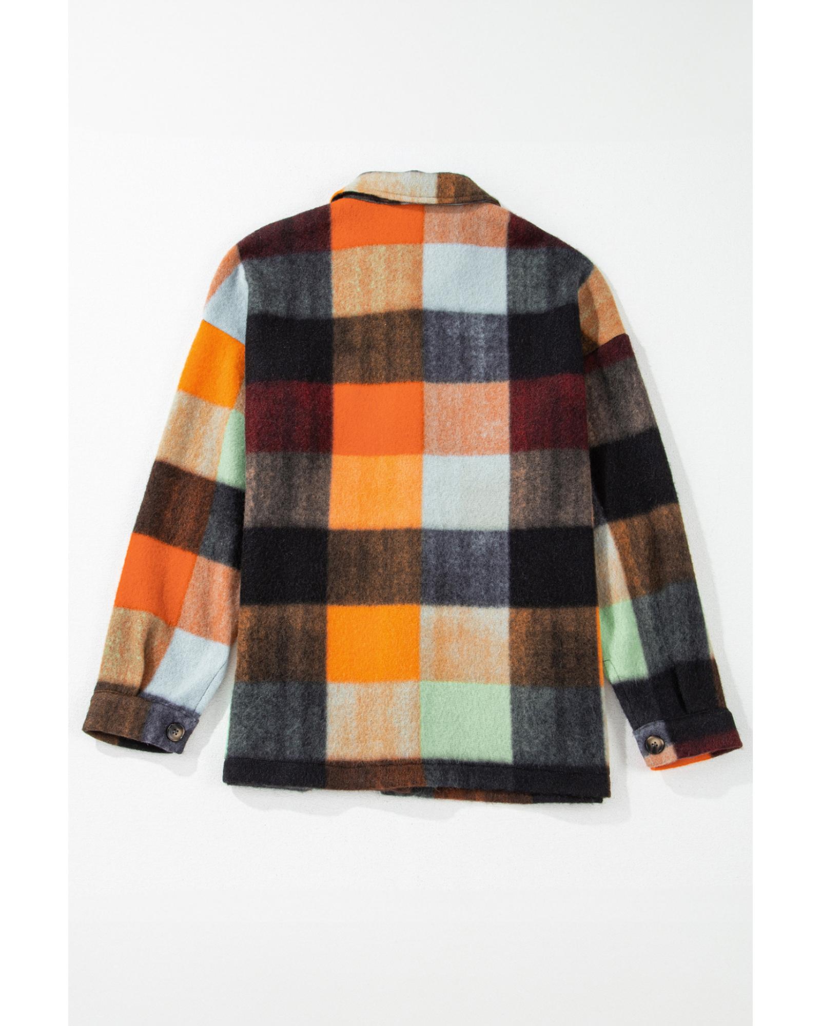 V539-AZEXDC8513410-P1422-S-202506151611-00 Orange Plaid Print Flap Pocket Long Jacket - S - Image 1