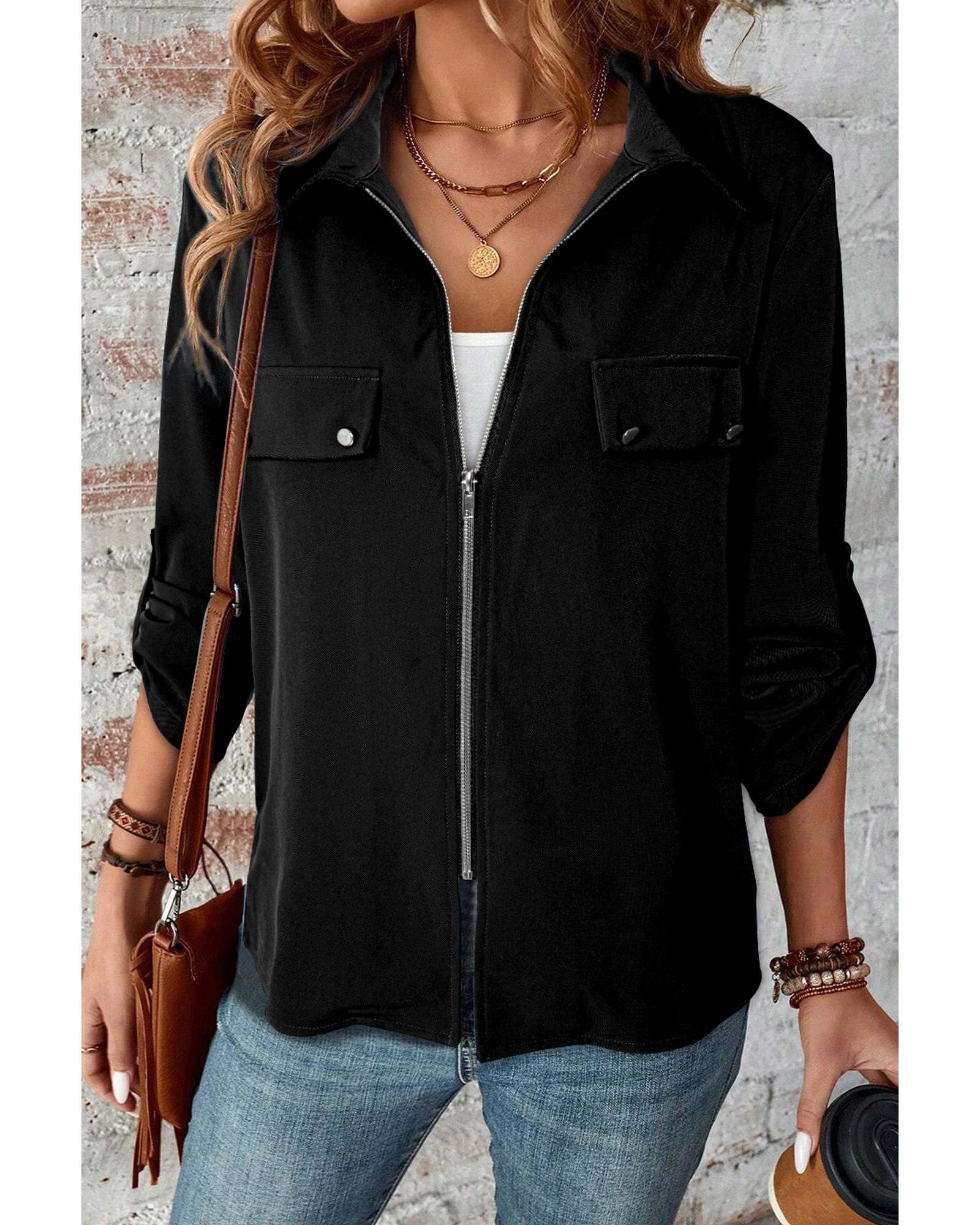 V539-AZEXDC8513419-P2-M-202508291620-00 Black Collar Tab Sleeve Zip Up Flap Detail Jacket - M - Image 1