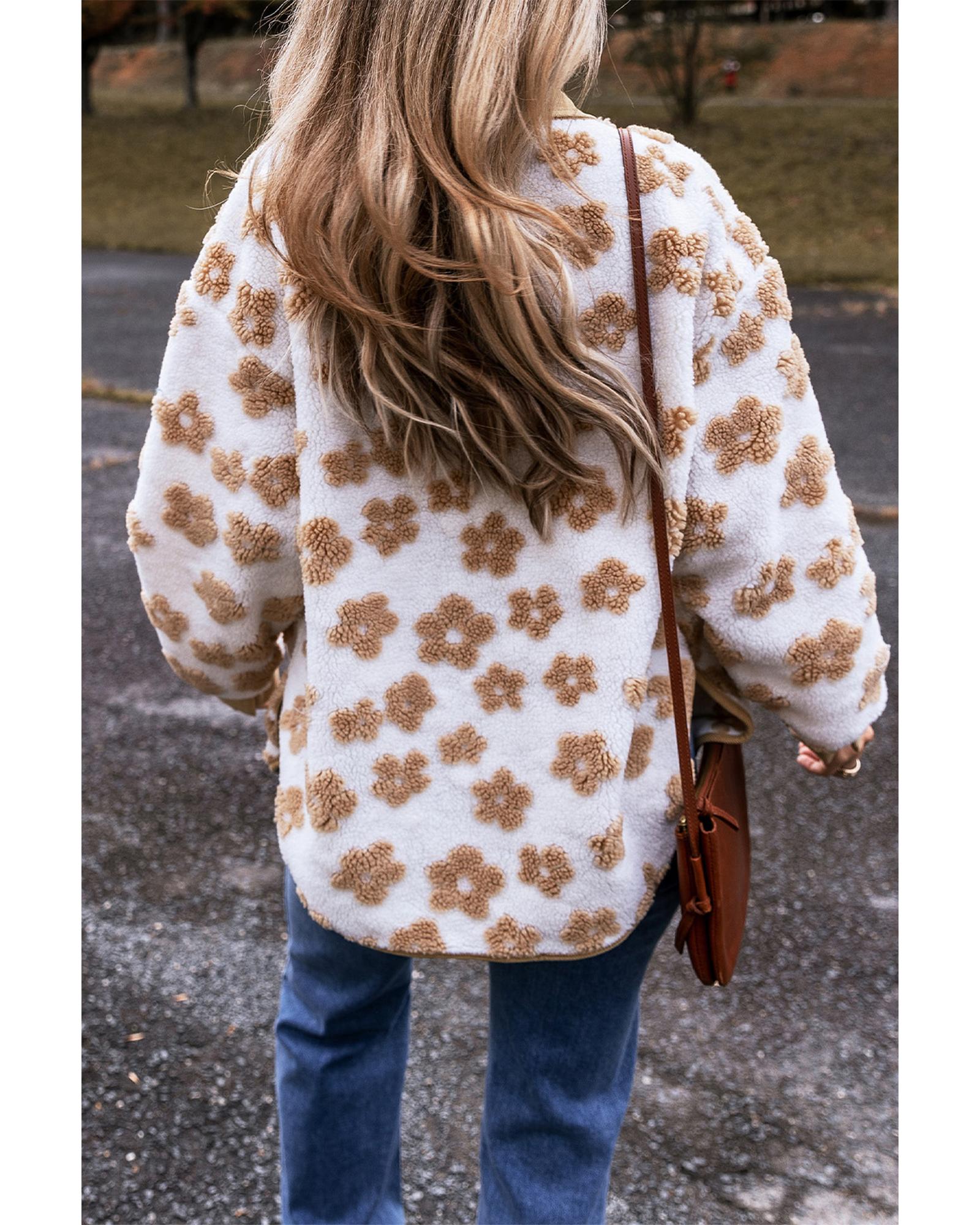 V539-AZEXDC8513462-P4016-S-202506151627-00 Light French Beige Cute Flower Pattern Button Up Fleece Jacket - S - Image 1
