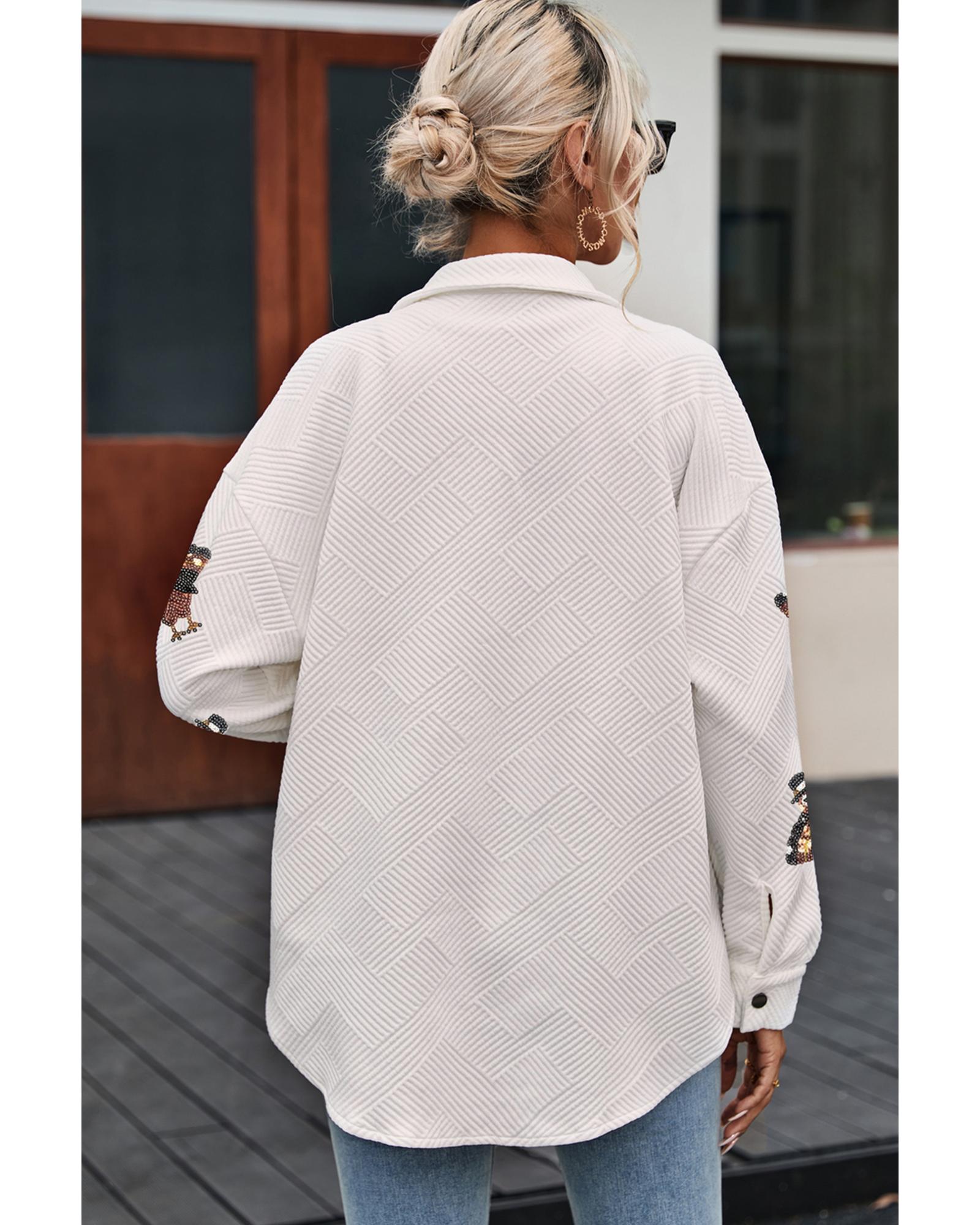 V539-AZEXDC8513549-15-XL-202508301540-00 Beige Sequin Turkey Patched Graphic Flap Pocket Textured Shacket - XL - Image 1