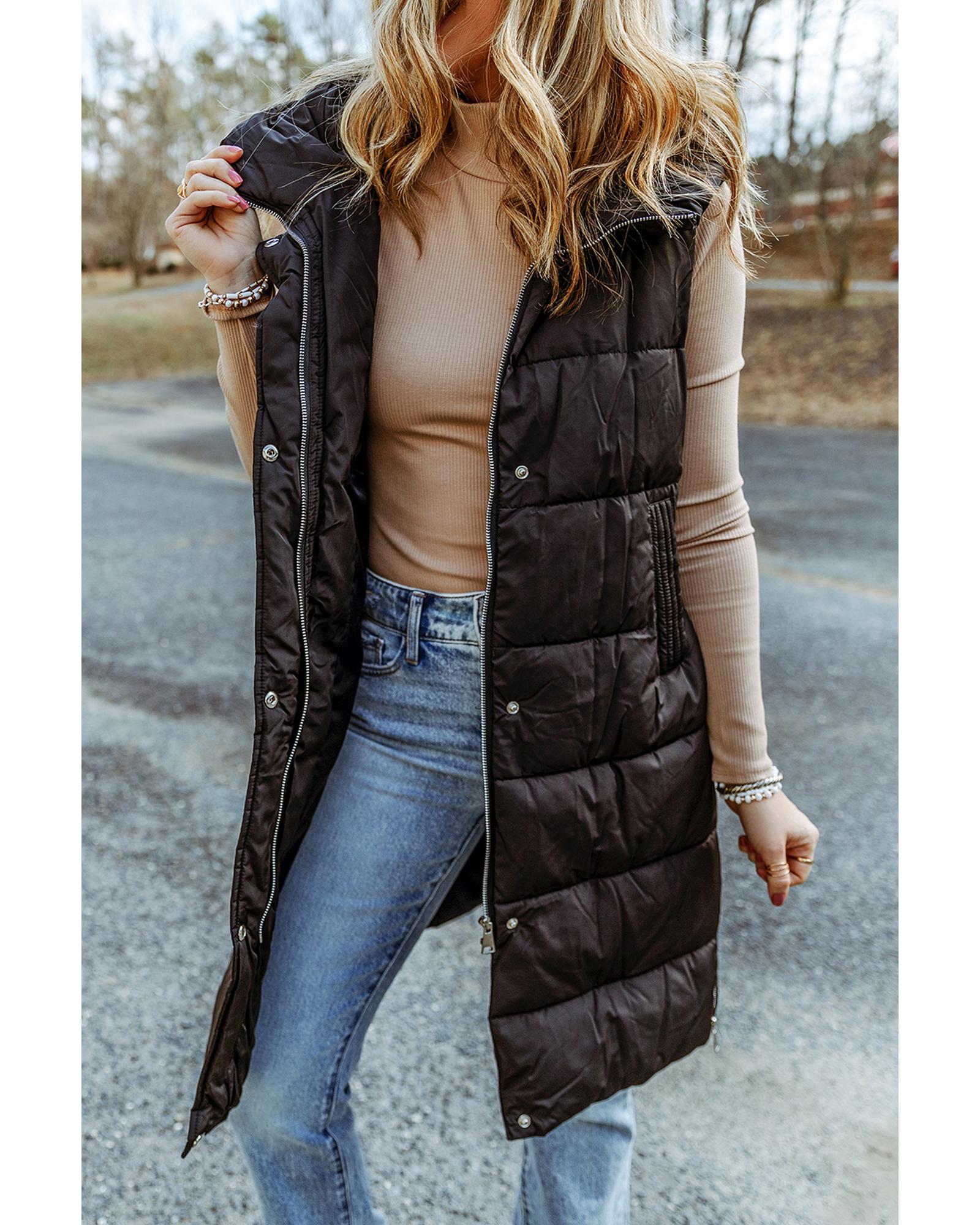 V539-AZEXDC853242-2-L-202508301205-00 Black Hooded Long Quilted Vest Coat - L - Image 1