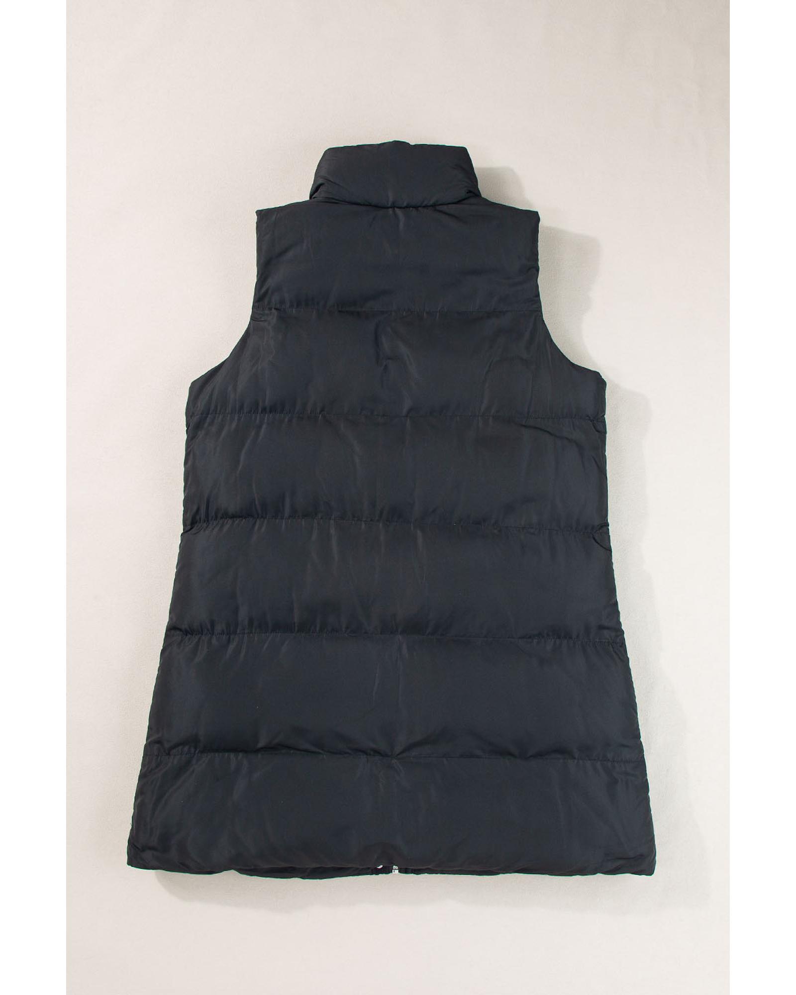 V539-AZEXDC853326-P2-L-202508301055-00 Black Windproof Longline Full Zipper Puffer Vest with Pockets - L - Image 1