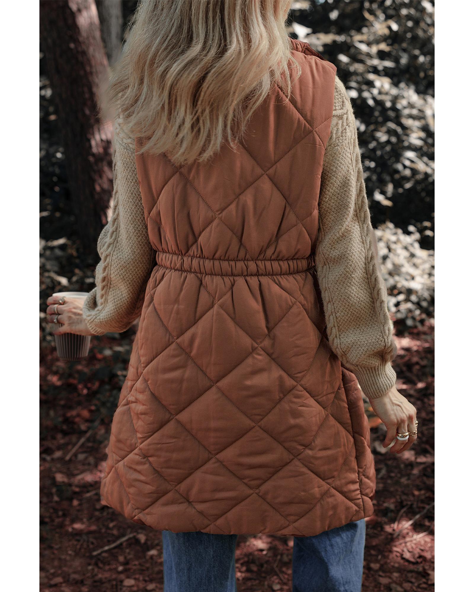 V539-AZEXDC853346-P1017-L-202508301630-00 Coffee Longline Quilted Stand Collar Puffer Vest - L - Image 1
