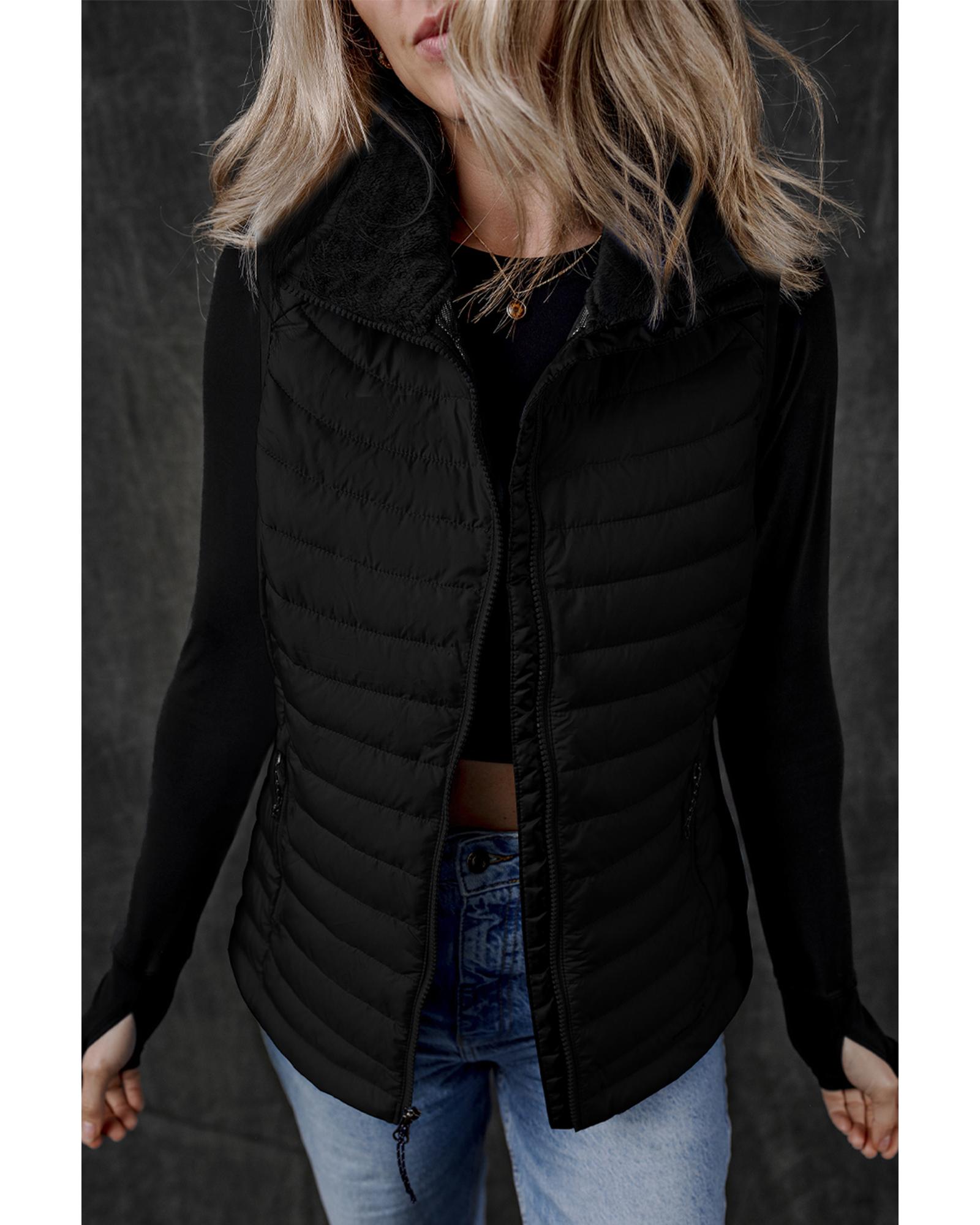 V539-AZEXDC853364-P2-M-202508302110-00 Black Plush Collared Quilted Zipped Puffer Vest - M - Image 1