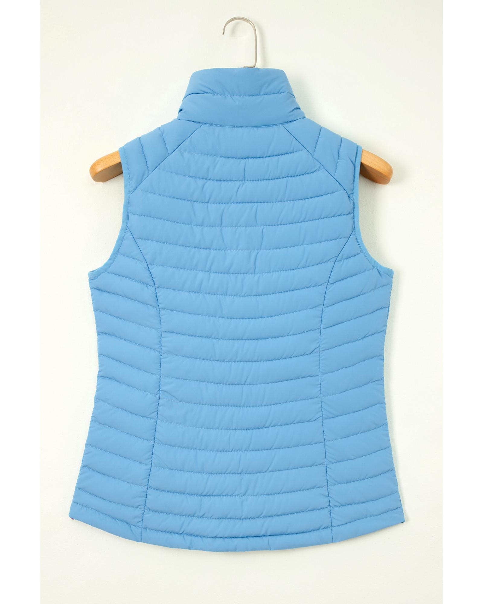 V539-AZEXDC853364-P304-S-202508301005-00 Sky Blue Plush Collared Quilted Zipped Puffer Vest - S - Image 1