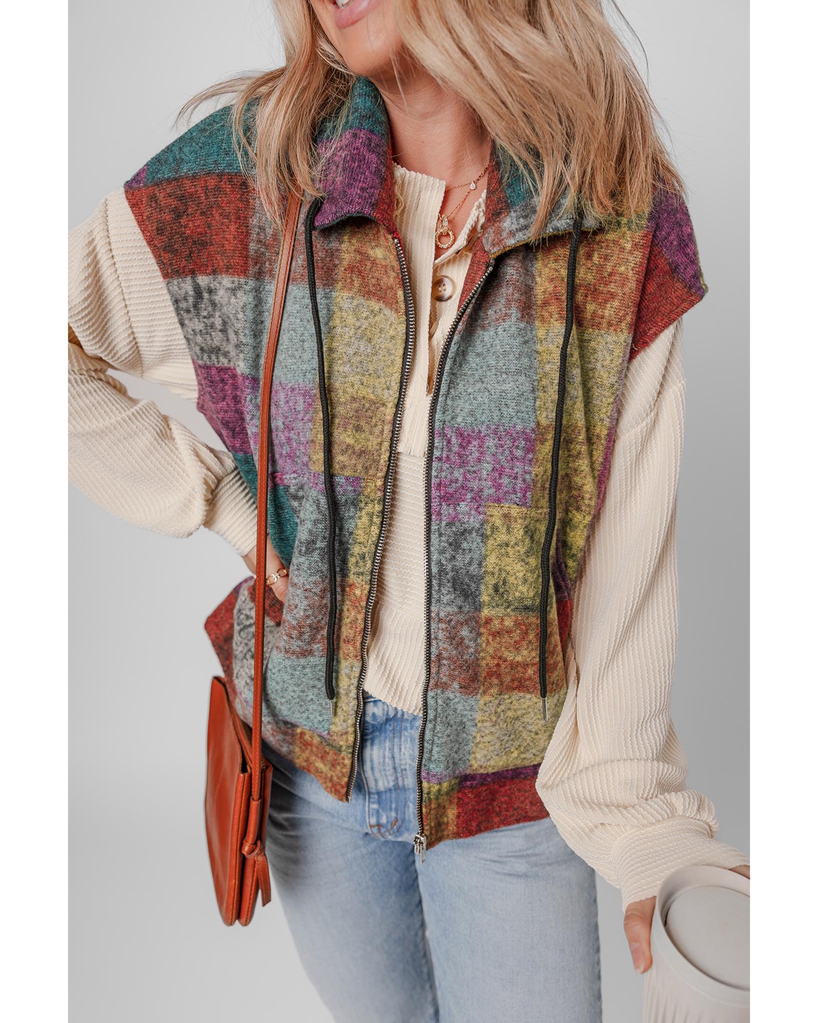 V539-AZEXDC853369-P1022-M-202508302035-00 Multicolor Plaid Print Side Pockets Zipped Loose Vest - M - Image 1