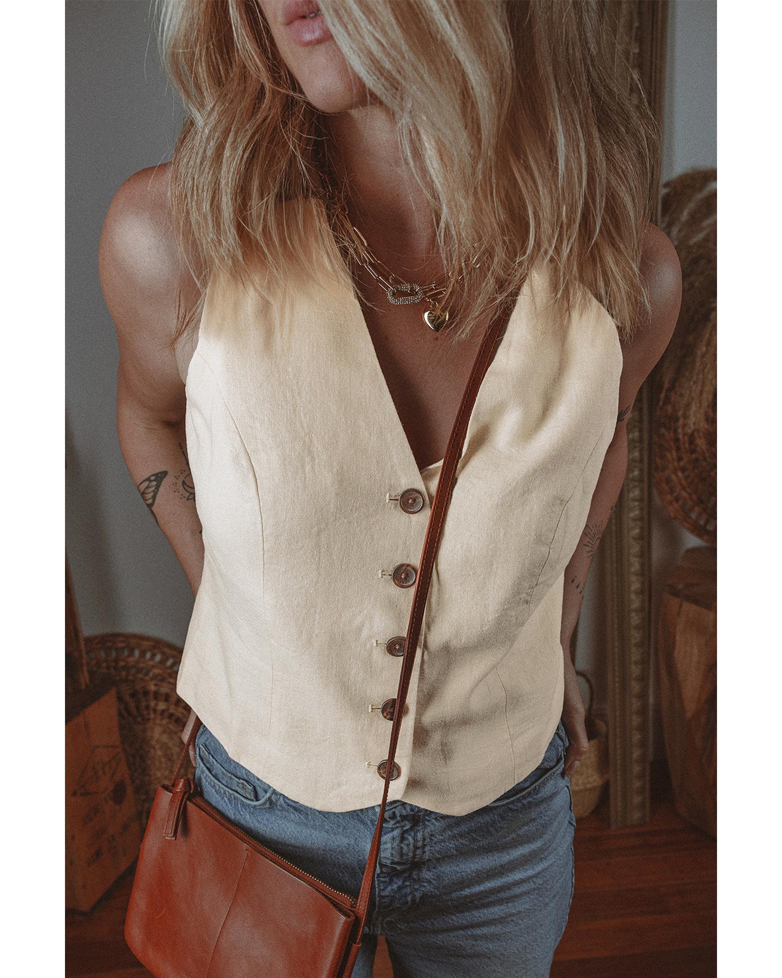 V539-AZEXDC853440-P101-L-202508302035-00 White Slim Fit Buttoned V Neck Vest - L - Image 1