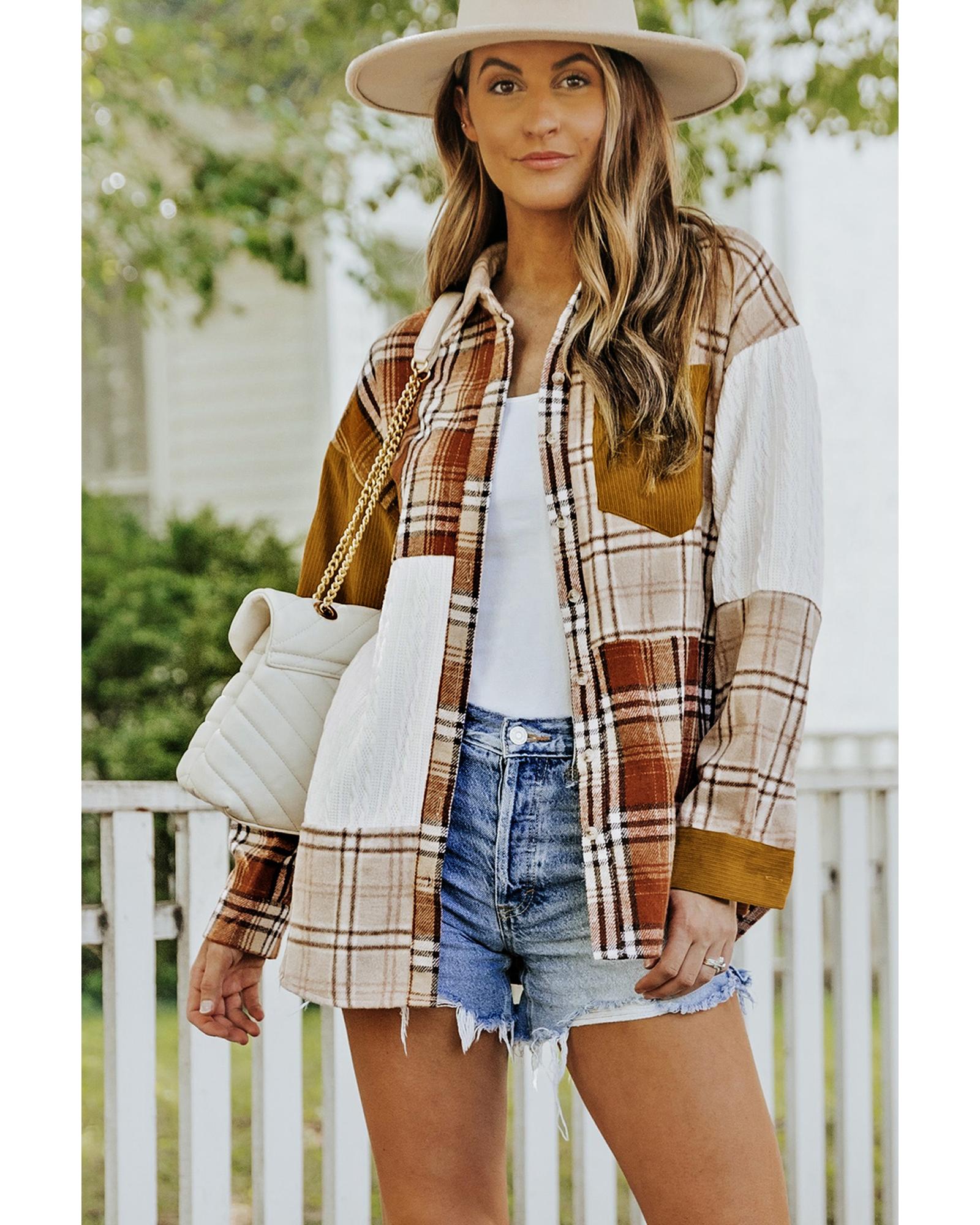 V539-AZEXDC854107-14-M-202508281325-00 Orange Plaid Color Block Patchwork Shirt Jacket with Pocket - M - Image 1