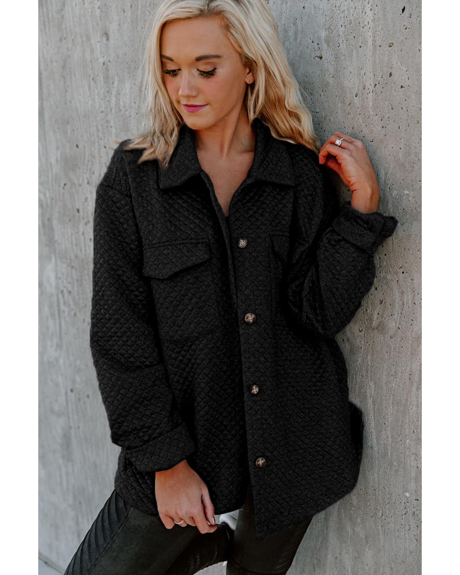 V539-AZEXDC854301-2-L-202508292000-00 Black Retro Quilted Flap Pocket Button Shacket - L - Image 1