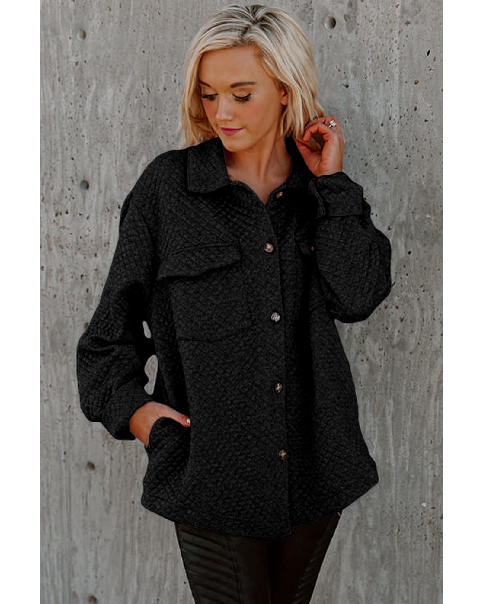 V539-AZEXDC854301-2-XL-202508300435-00 Black Retro Quilted Flap Pocket Button Shacket - XL - Image 1